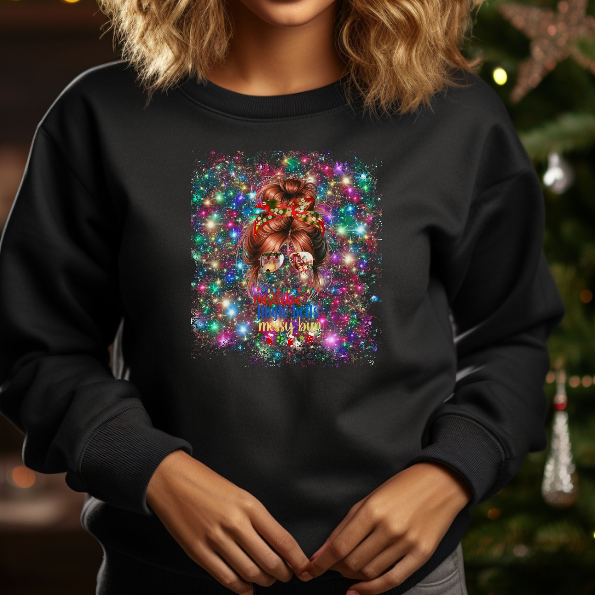 Messy Bun Christmas Lights, Red Hair Messy Bun, Unisex Heavy Blend™ Crewneck Sweatshirt