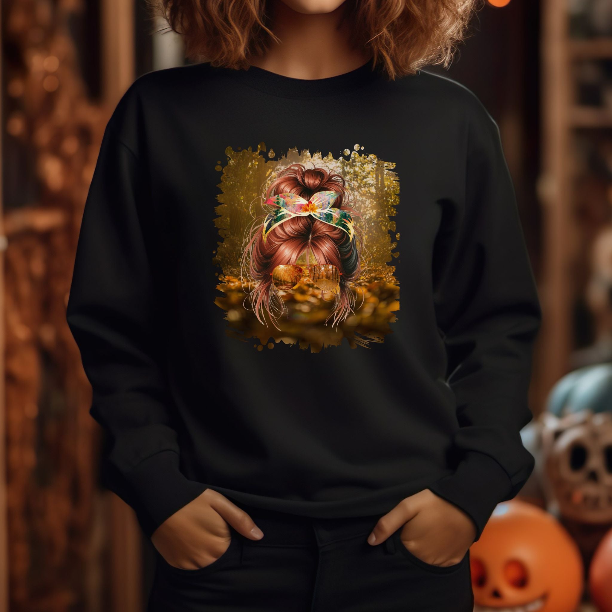 Fall Forest, Red Hair Messy Bun, Unisex Heavy Blend™ Crewneck Sweatshirt