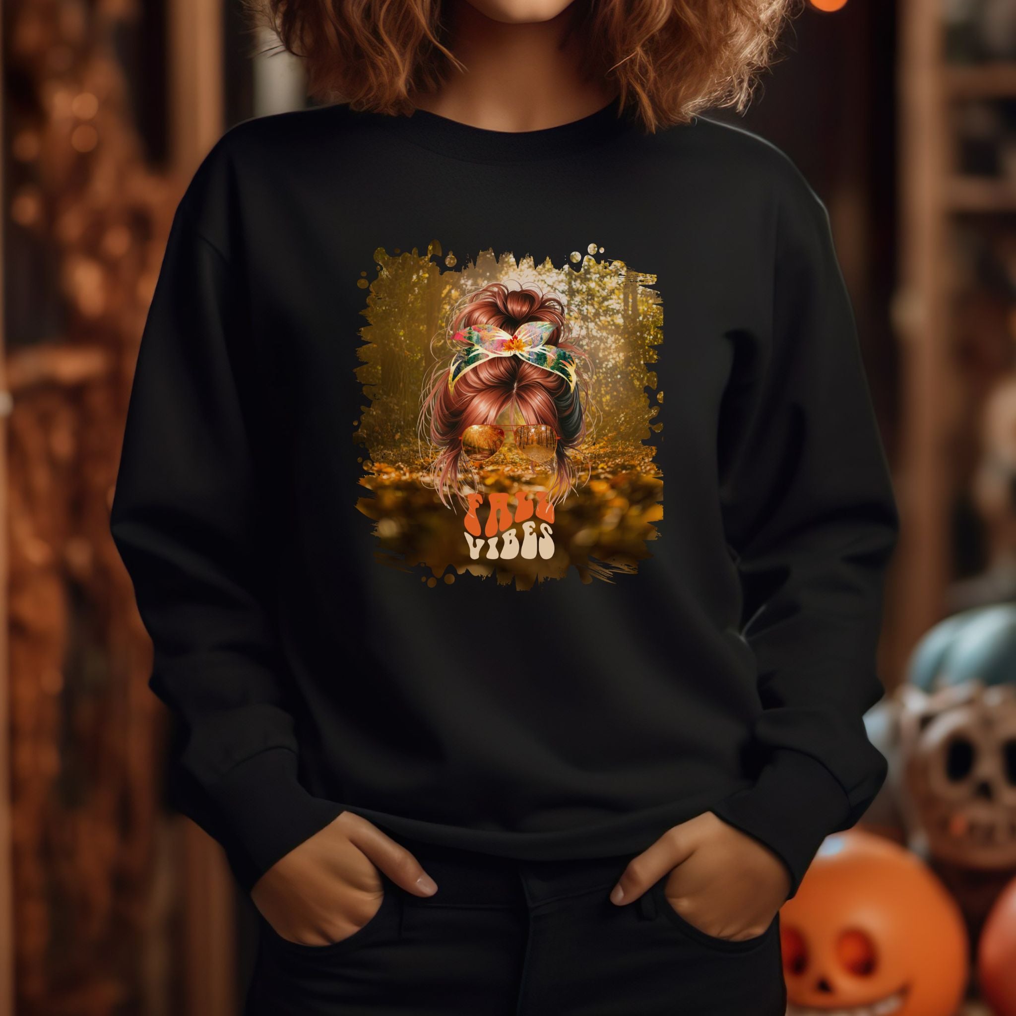 Fall Vibes Fall Forest, Red Hair Messy Bun, Unisex Heavy Blend™ Crewneck Sweatshirt