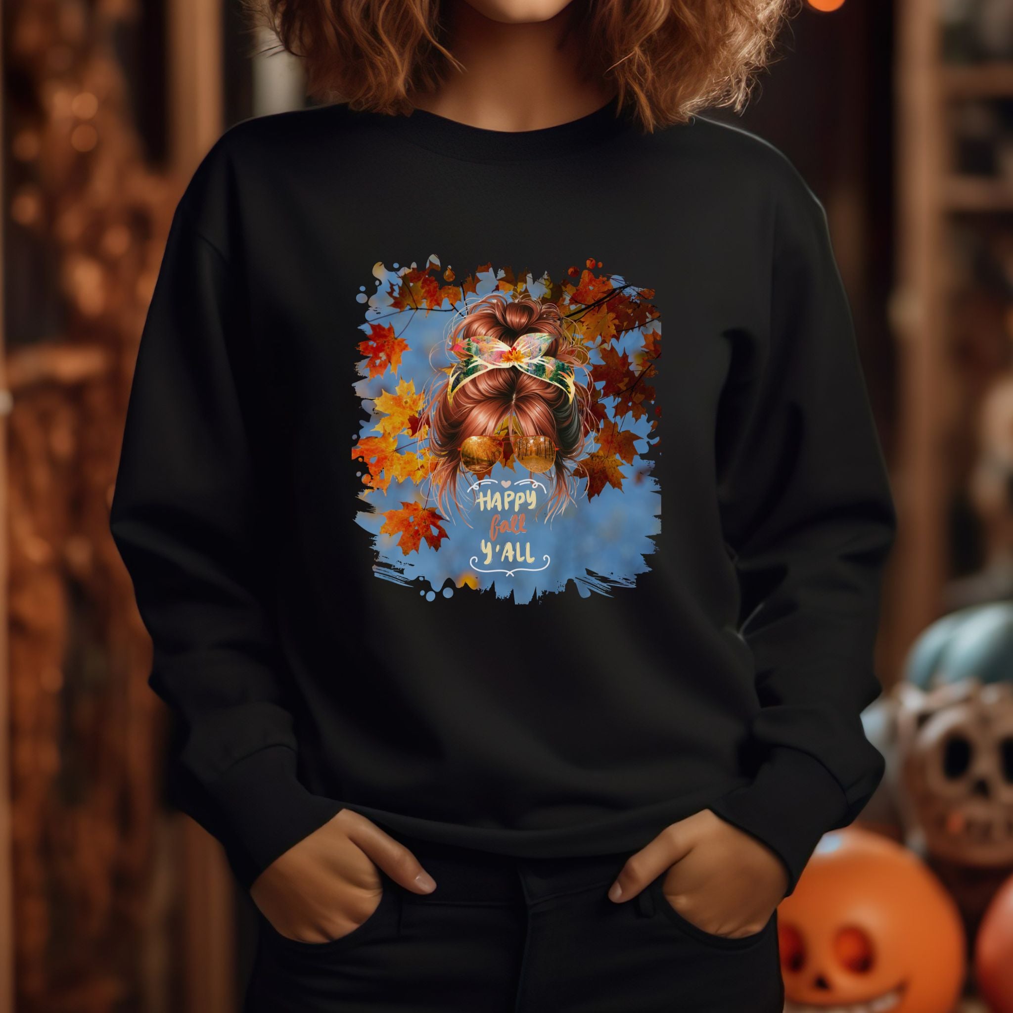 Happy Fall Y'all Fall Sky, Red Hair Messy Bun, Unisex Heavy Blend™ Crewneck Sweatshirt