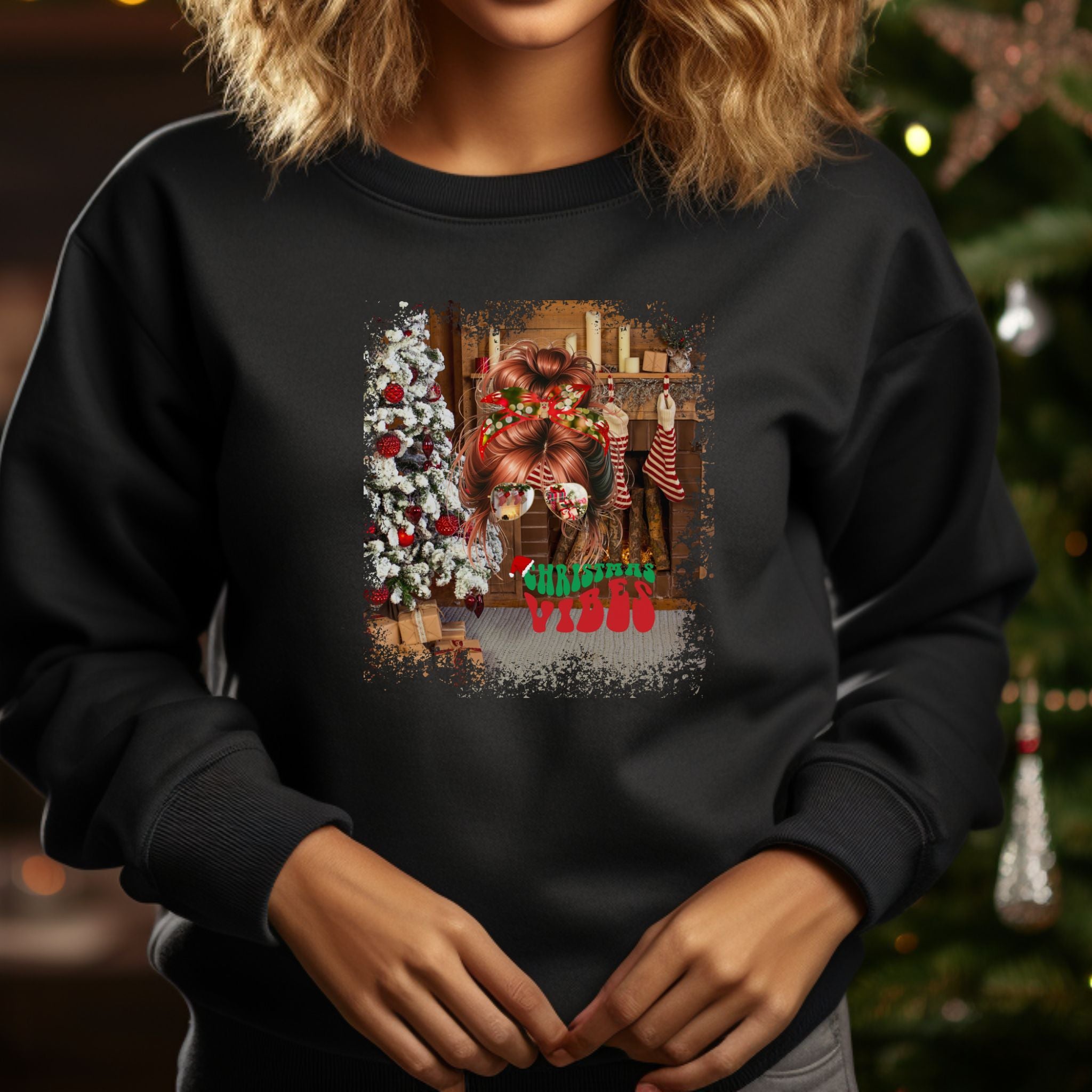 Christmas Vibes Christmas Home, Red Hair Messy Bun, Unisex Heavy Blend™ Crewneck Sweatshirt