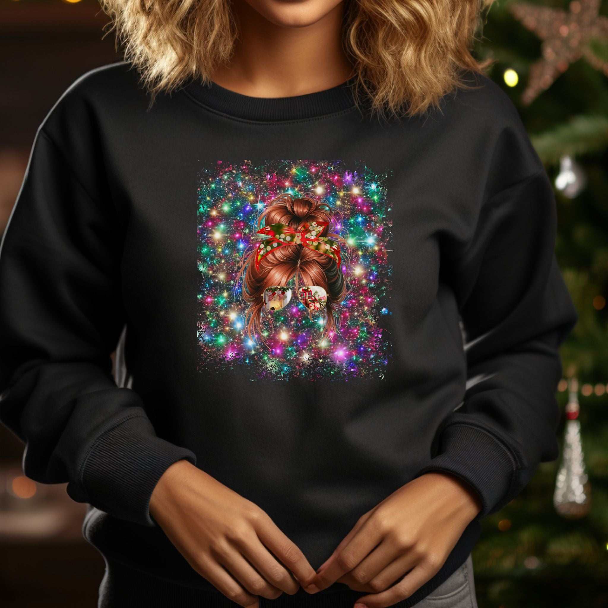 Christmas Lights, Red Hair Messy Bun, Unisex Heavy Blend™ Crewneck Sweatshirt