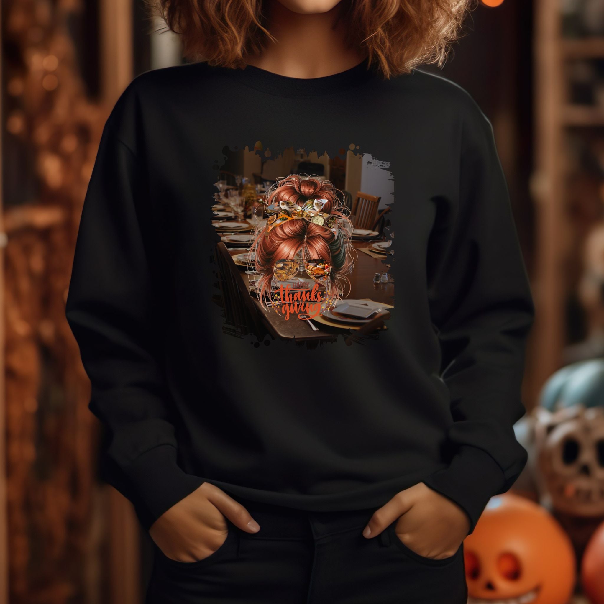 Happy Thanksgiving Table Setting, Red Hair Messy Bun, Unisex Heavy Blend™ Crewneck Sweatshirt