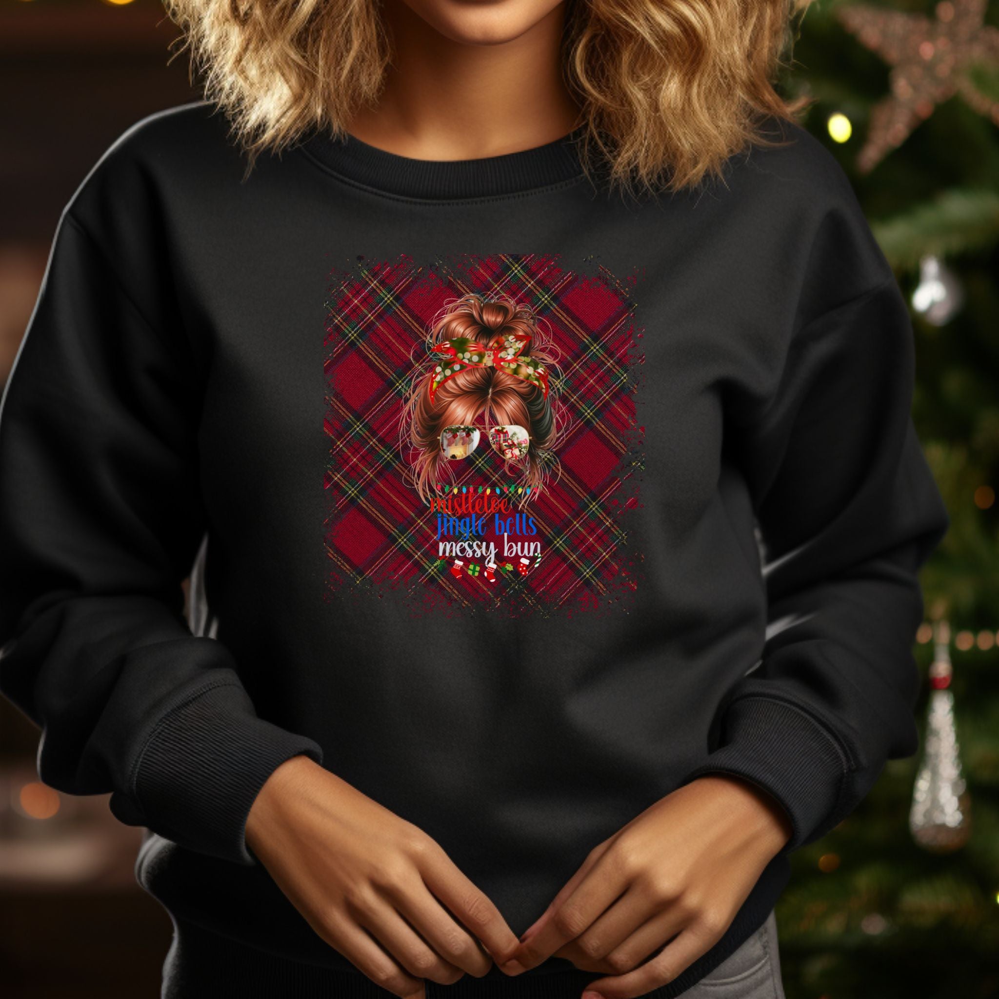 Messy Bun Christmas Plaid, Red Hair Messy Bun, Unisex Heavy Blend™ Crewneck Sweatshirt