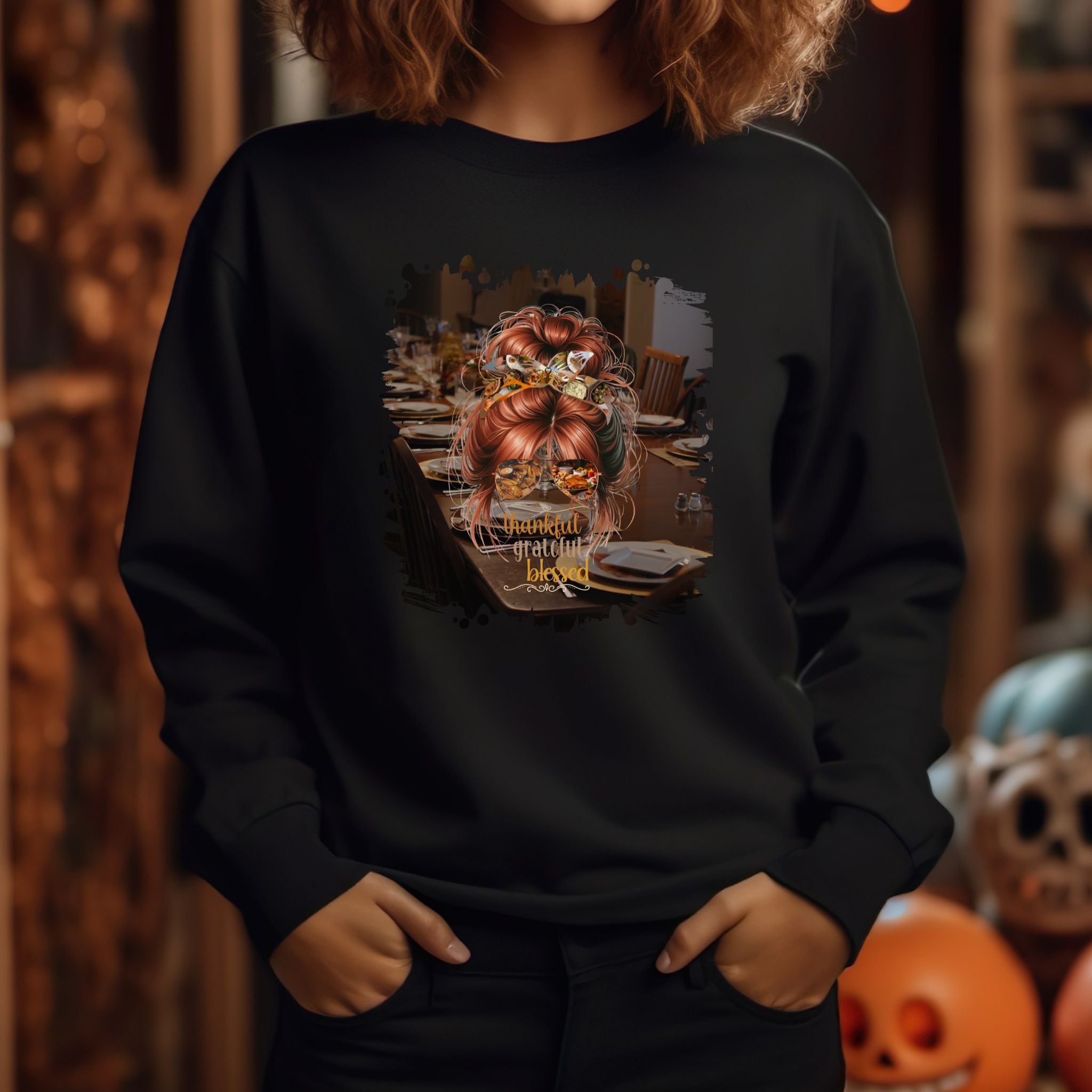 Thankful Grateful Blessed Table Setting, Red Hair Messy Bun, Unisex Heavy Blend™ Crewneck Sweatshirt