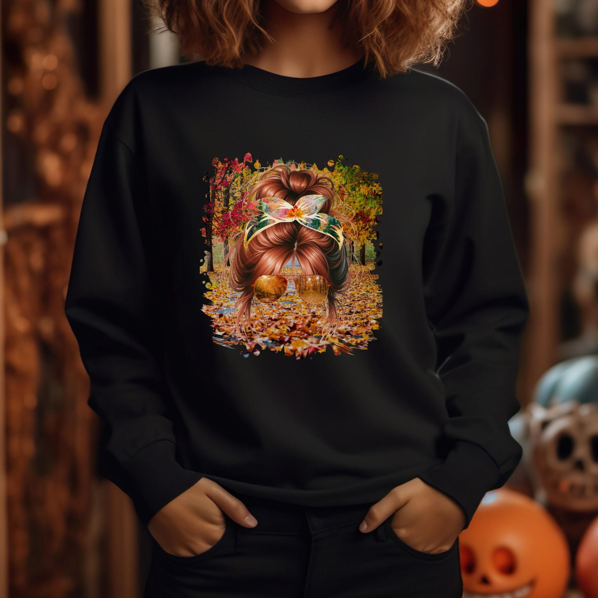 Fall Trail, Red Hair Messy Bun, Unisex Heavy Blend™ Crewneck Sweatshirt