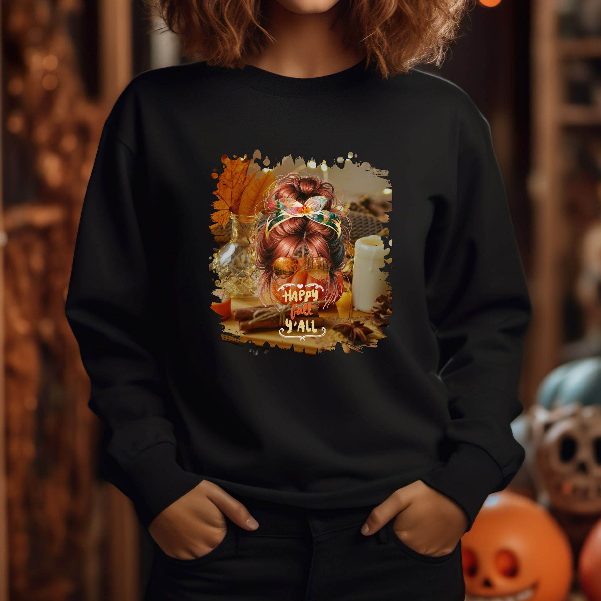 Happy Fall Y'all Fall Home, Red Hair Messy Bun, Unisex Heavy Blend™ Crewneck Sweatshirt