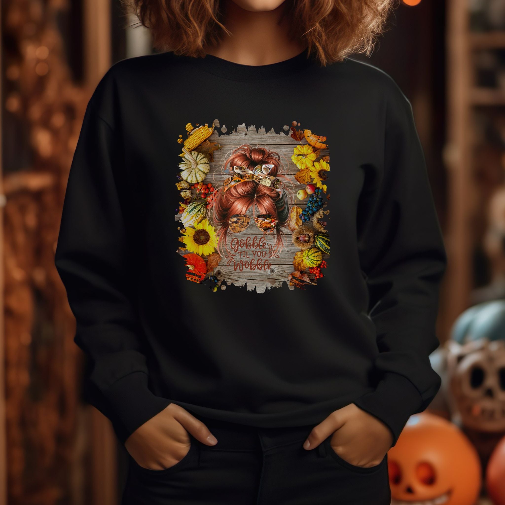 Gobble til You Wobble Decorated Background, Red Hair Messy Bun, Unisex Heavy Blend™ Crewneck Sweatshirt