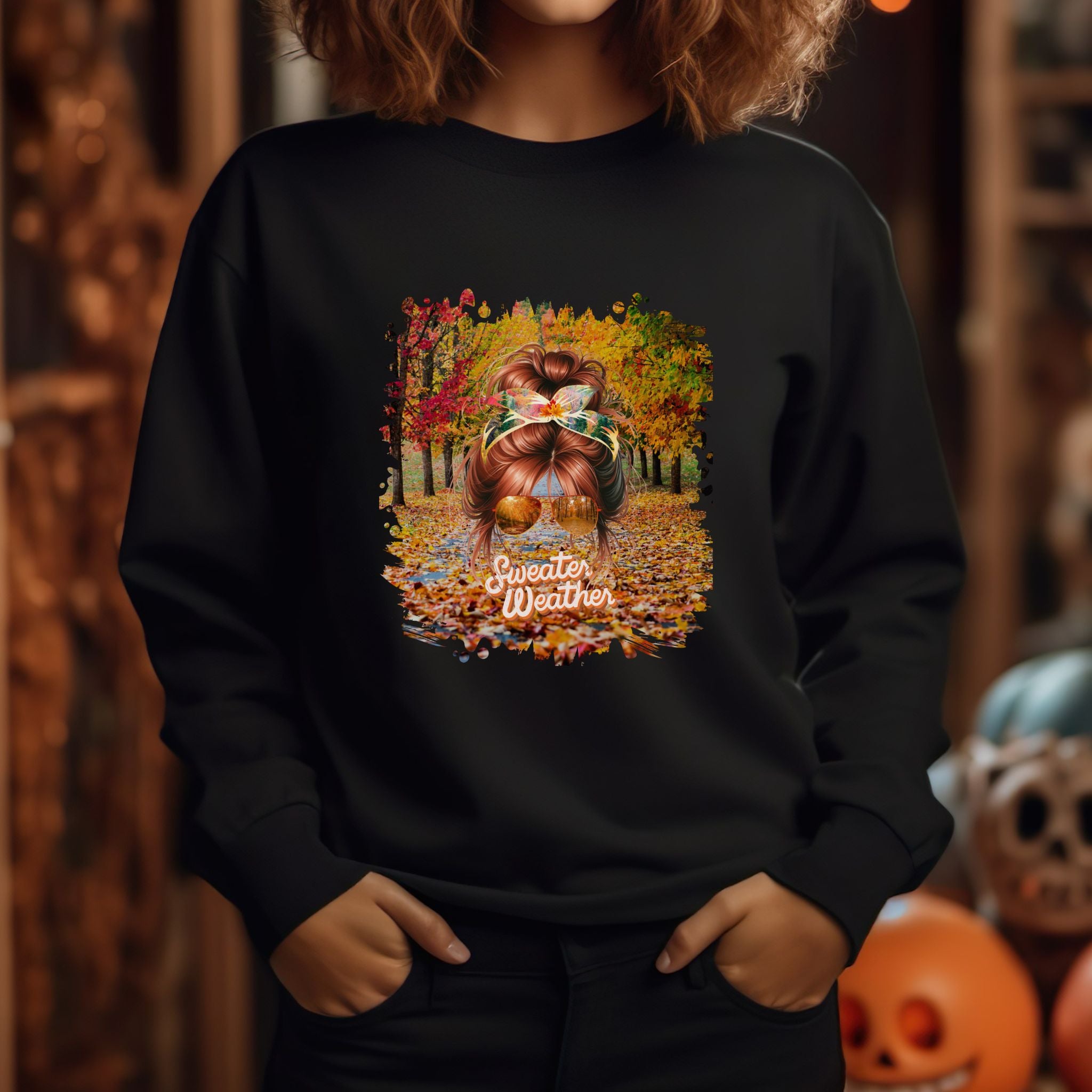 Sweater Weather Fall Trail, Red Hair Messy Bun, Unisex Heavy Blend™ Crewneck Sweatshirt