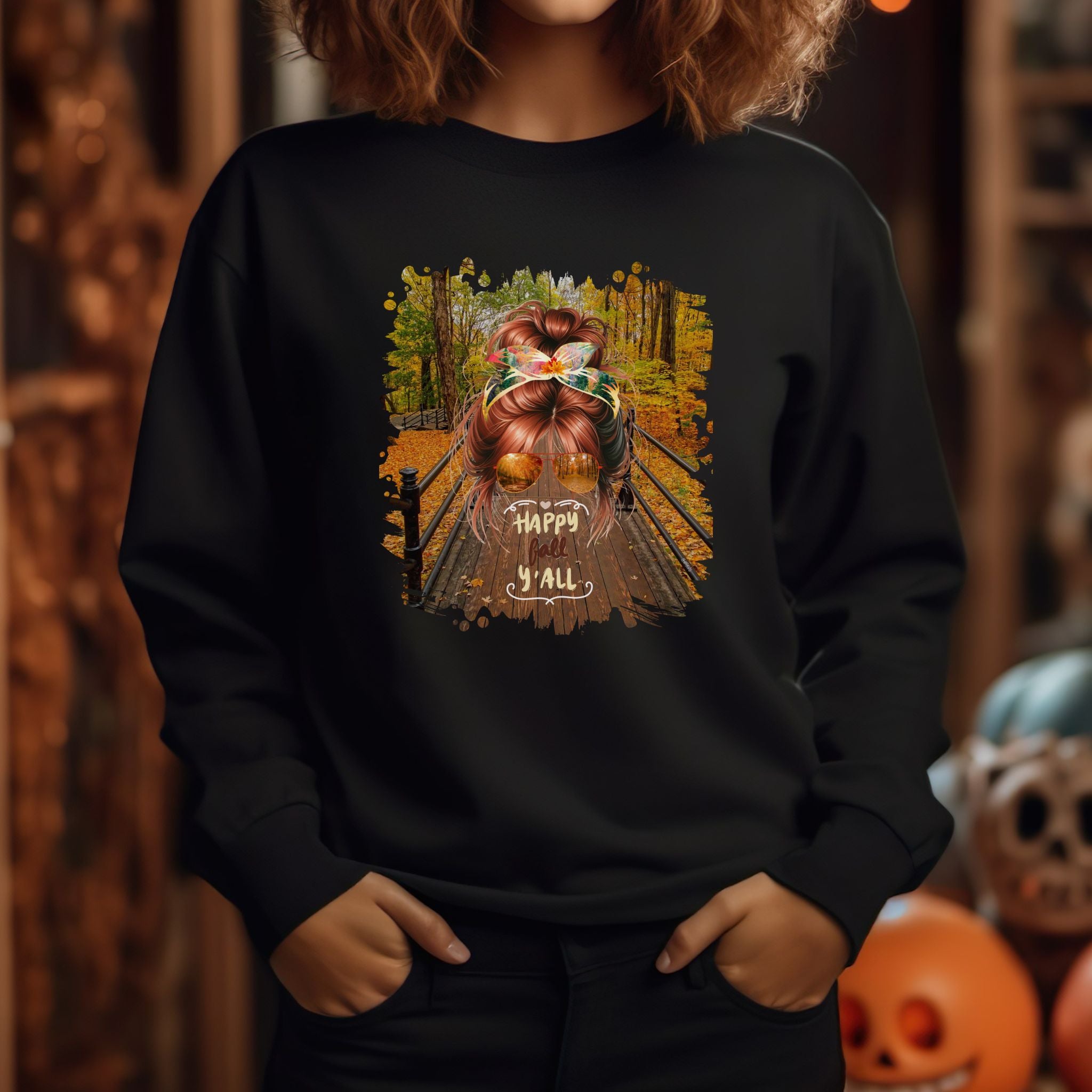 Happy Fall Y'all Fall Hike, Red Hair Messy Bun, Unisex Heavy Blend™ Crewneck Sweatshirt