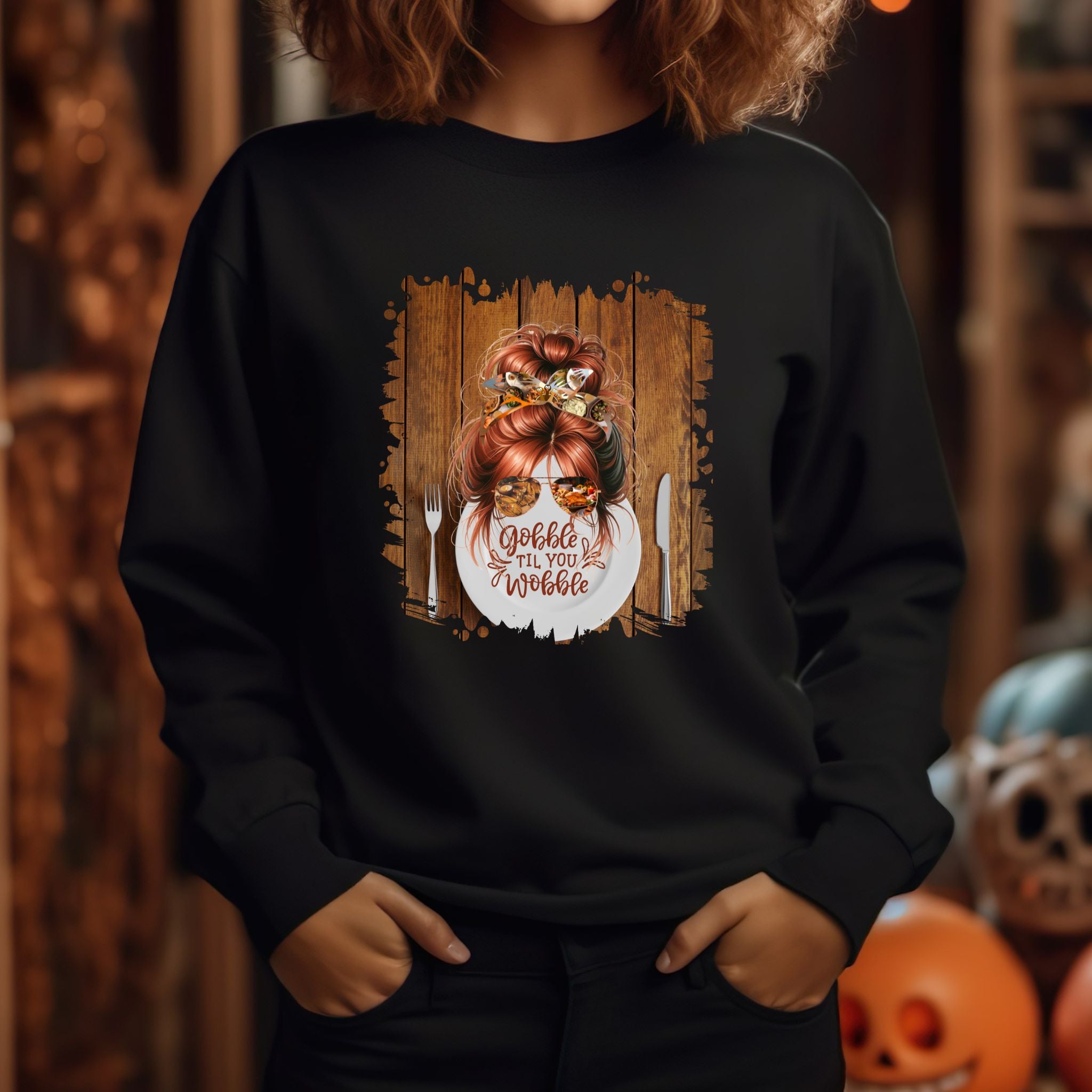 Gobble til You Wobble Plate Setting, Red Hair Messy Bun, Unisex Heavy Blend™ Crewneck Sweatshirt