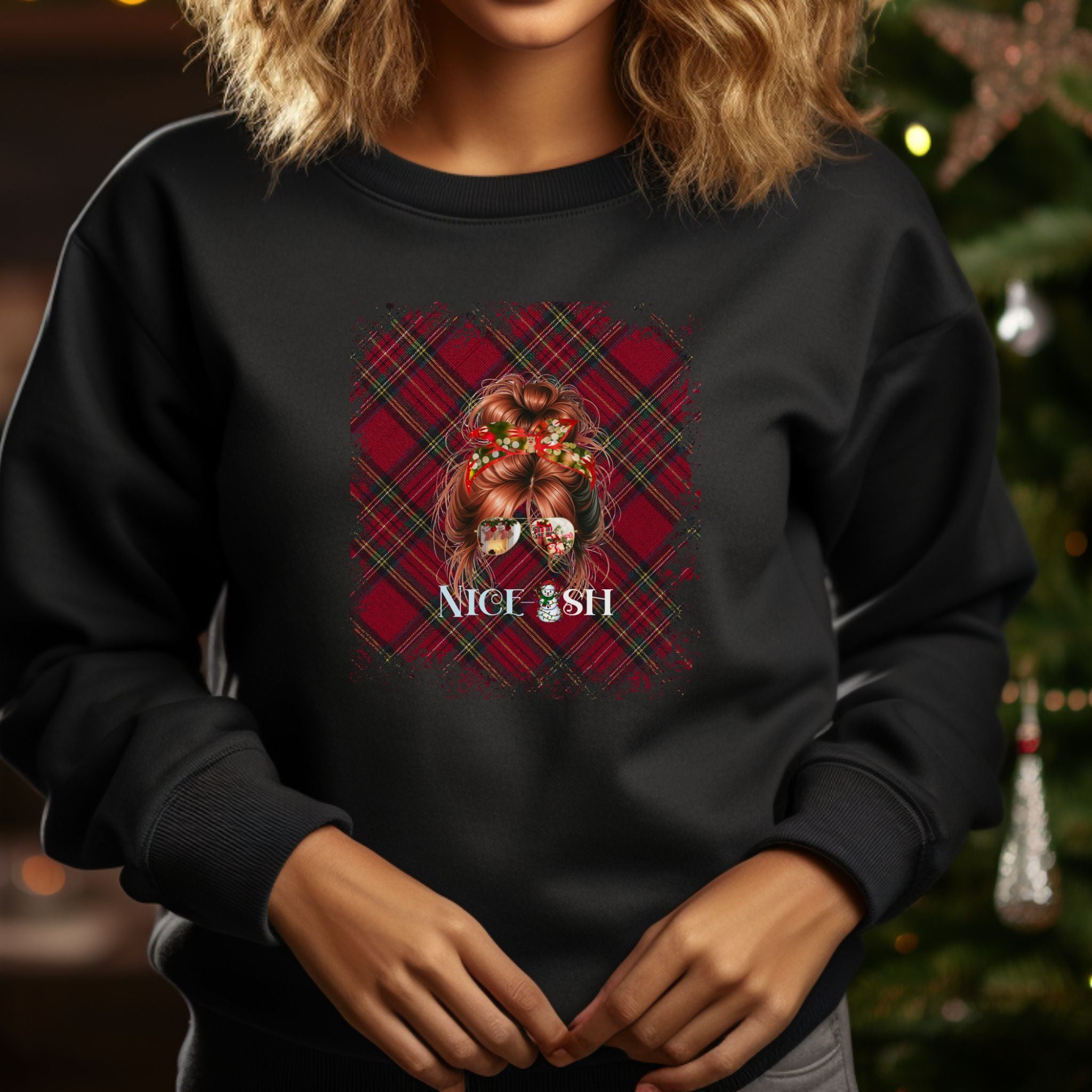 Nice-ish Christmas Plaid, Red Hair Messy Bun, Unisex Heavy Blend™ Crewneck Sweatshirt