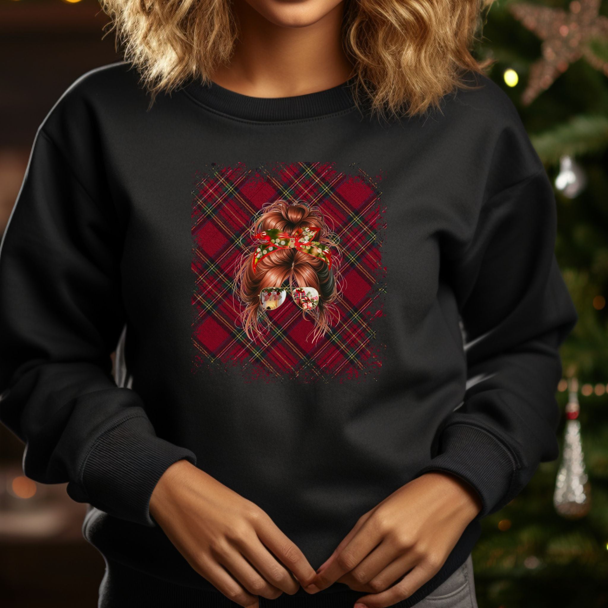 Christmas Plaid, Red Hair Messy Bun, Unisex Heavy Blend™ Crewneck Sweatshirt