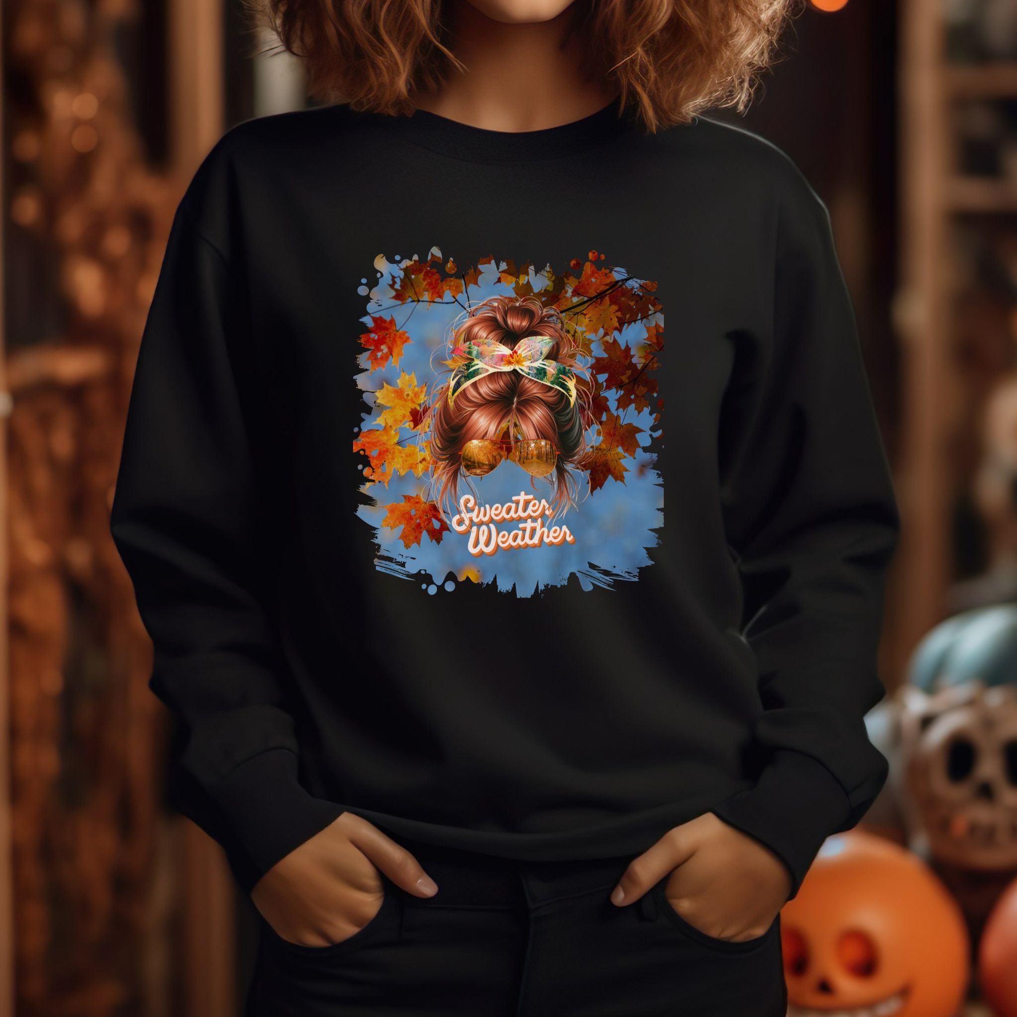 Sweater Weather Fall Sky, Red Hair Messy Bun, Unisex Heavy Blend™ Crewneck Sweatshirt