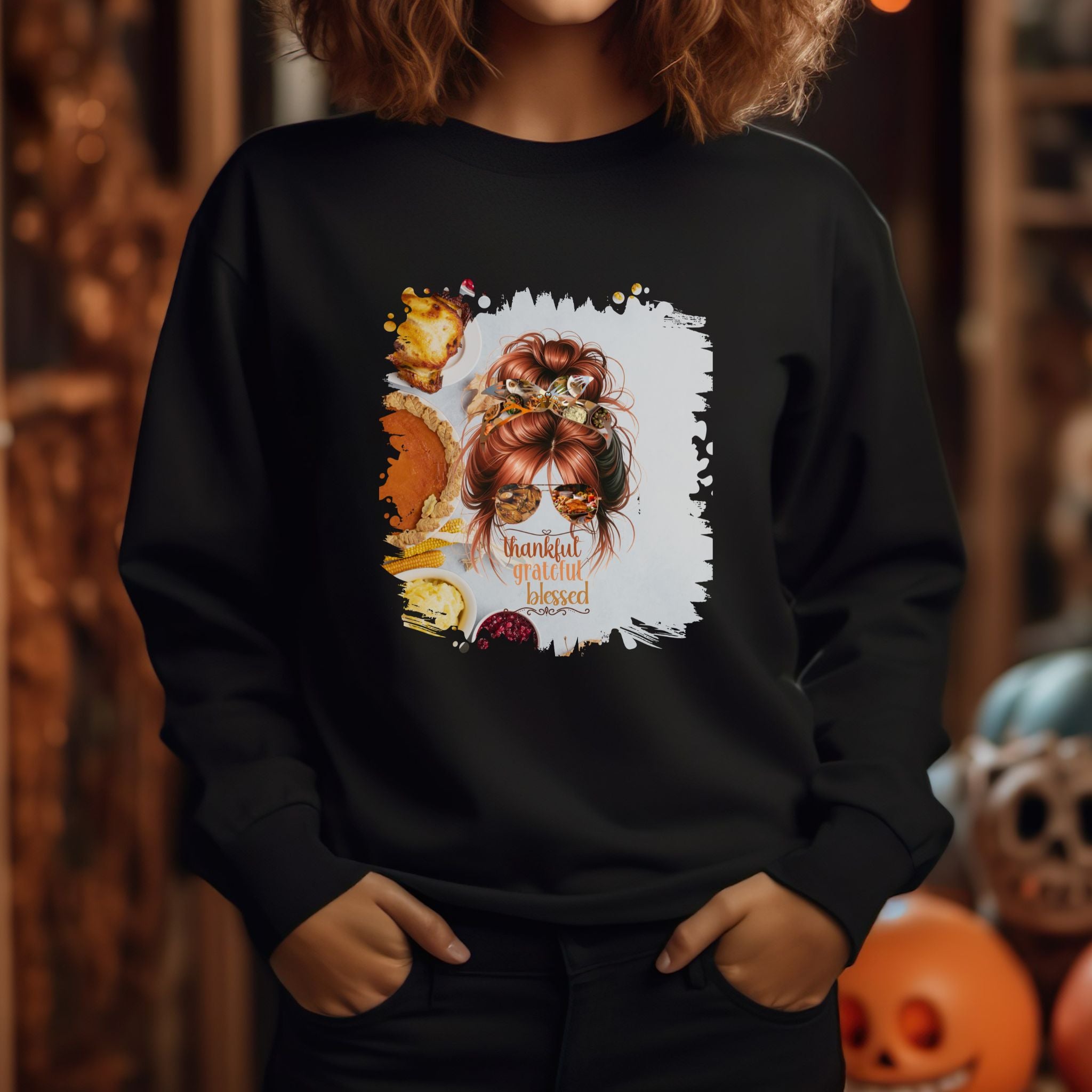 Thankful Grateful Blessed Thanksgiving Pie, Red Hair Messy Bun, Unisex Heavy Blend™ Crewneck Sweatshirt