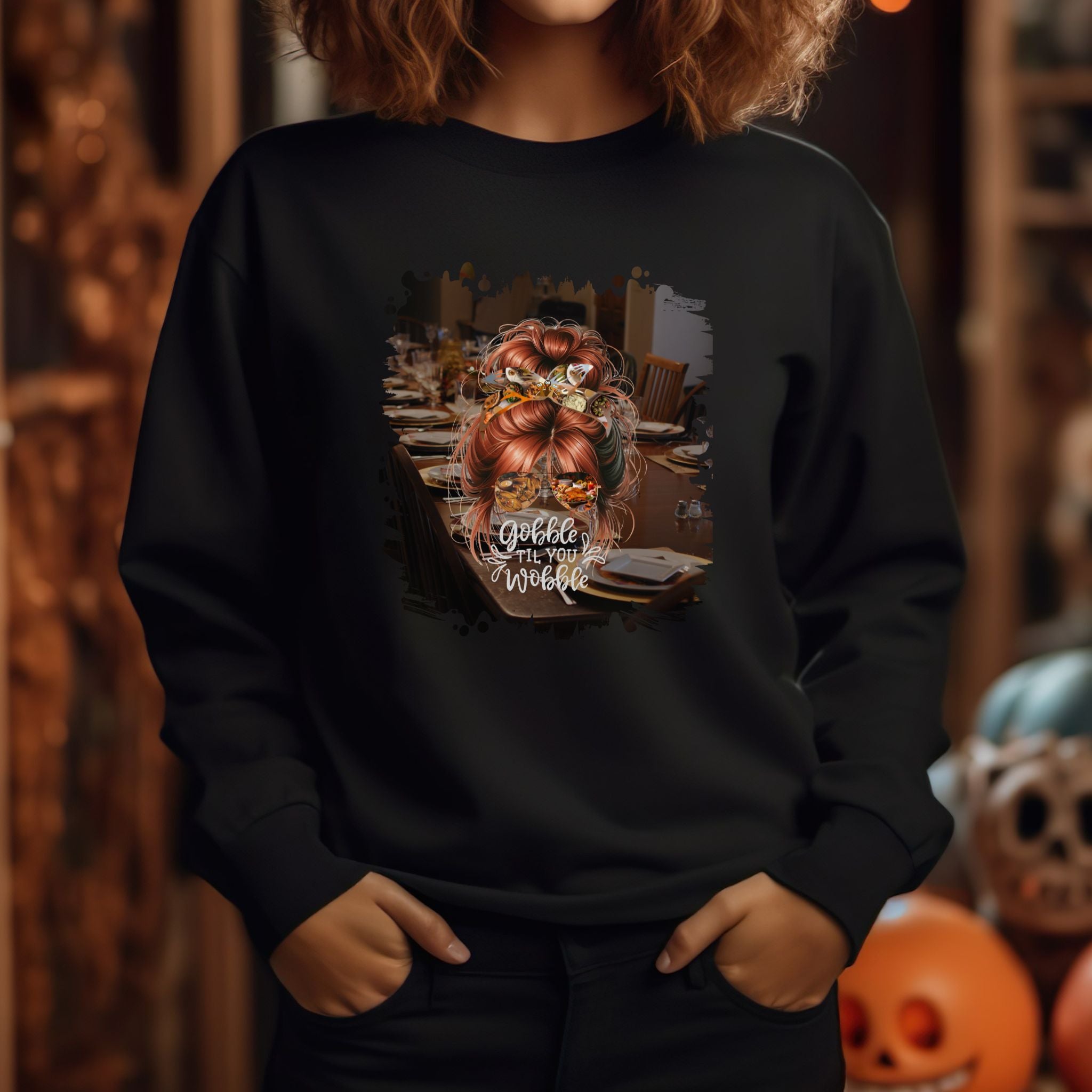 Gobble til You Wobble Table Setting, Red Hair Messy Bun, Unisex Heavy Blend™ Crewneck Sweatshirt