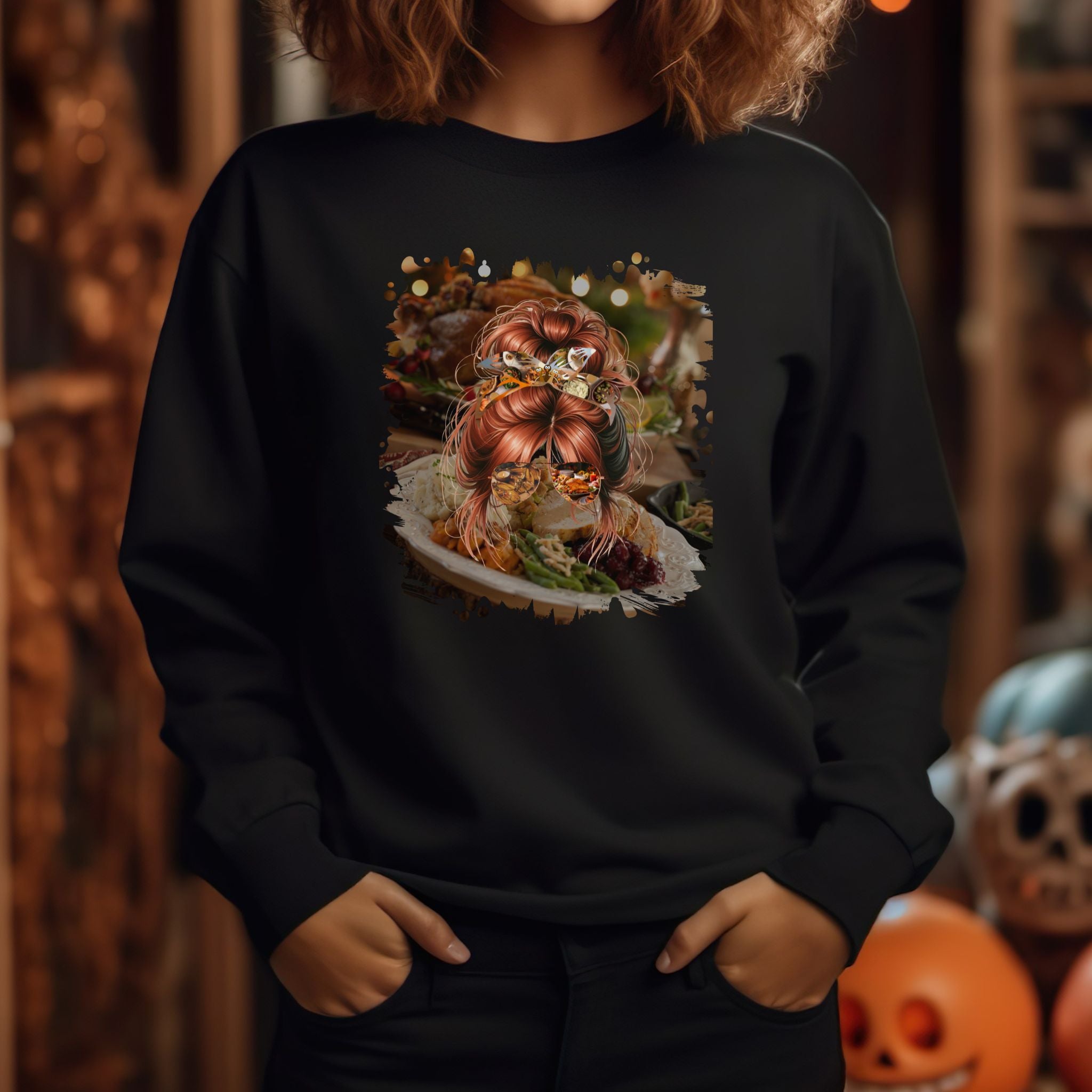 Thanksgiving Dinner, Red Hair Messy Bun, Unisex Heavy Blend™ Crewneck Sweatshirt