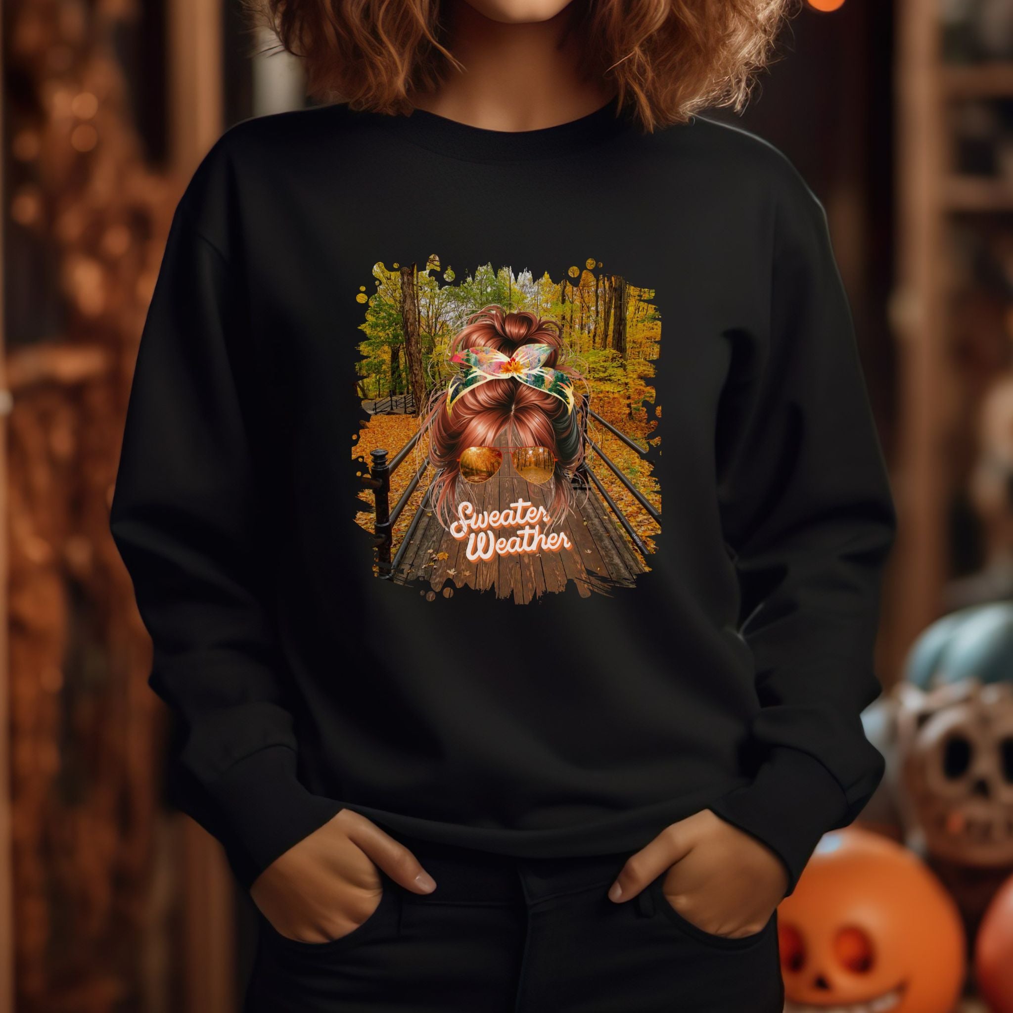 Sweater Weather Fall Hike, Red Hair Messy Bun, Unisex Heavy Blend™ Crewneck Sweatshirt