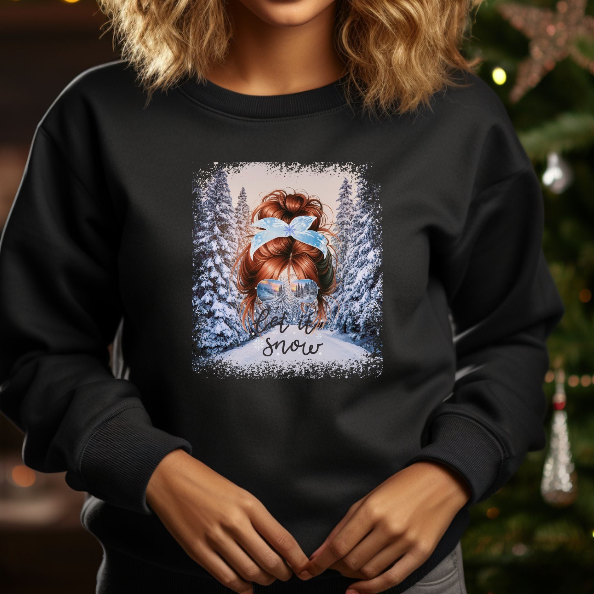 Let it Snow Winter Trail, Red Hair Messy Bun, Unisex Heavy Blend™ Crewneck Sweatshirt