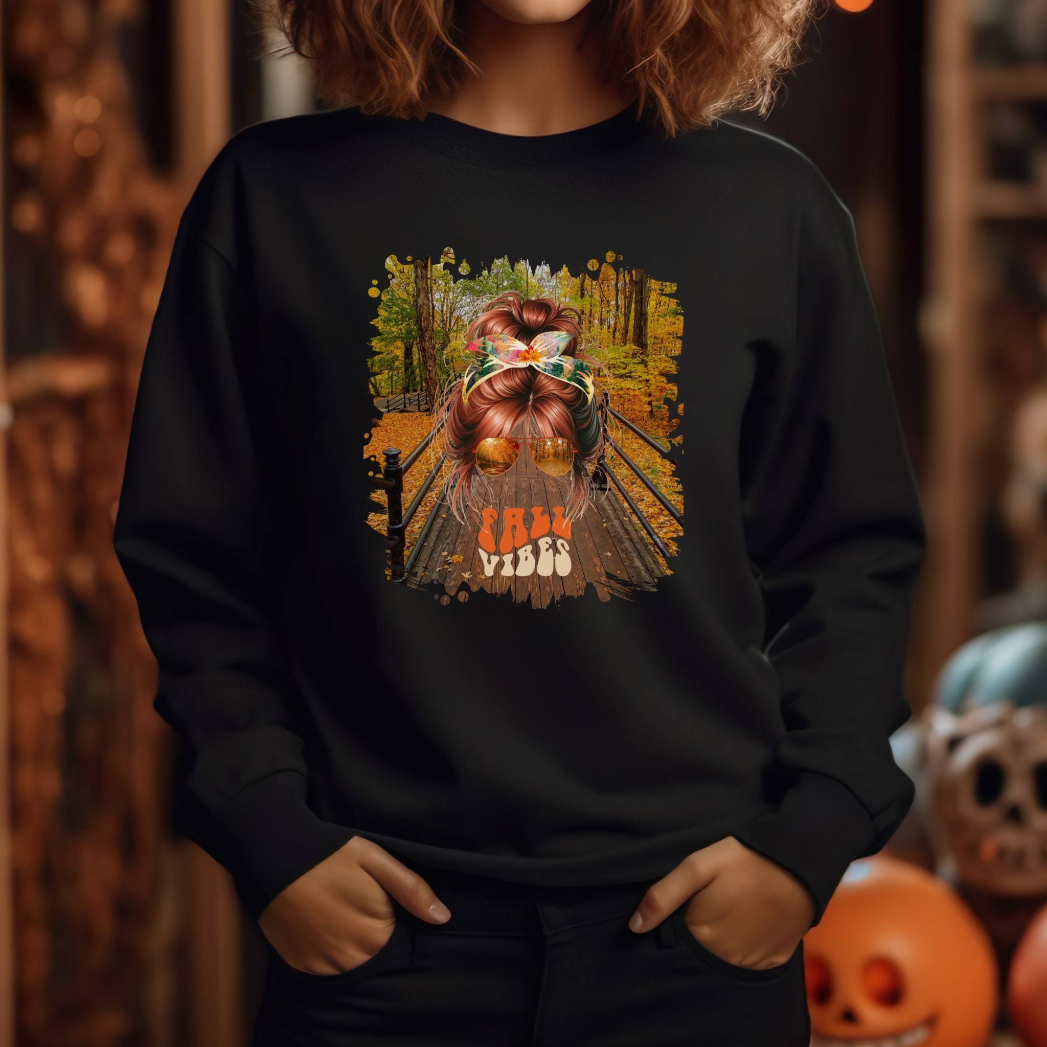 Fall Vibes Fall Hike, Red Hair Messy Bun, Unisex Heavy Blend™ Crewneck Sweatshirt