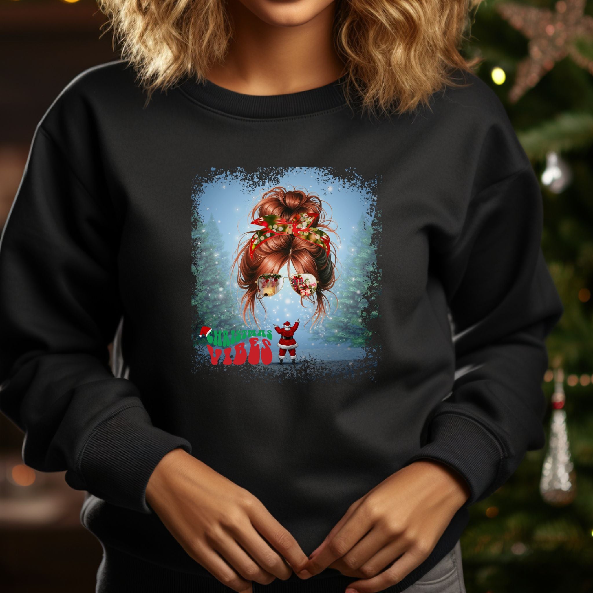 Christmas Vibes Santa, Red Hair Messy Bun, Unisex Heavy Blend™ Crewneck Sweatshirt