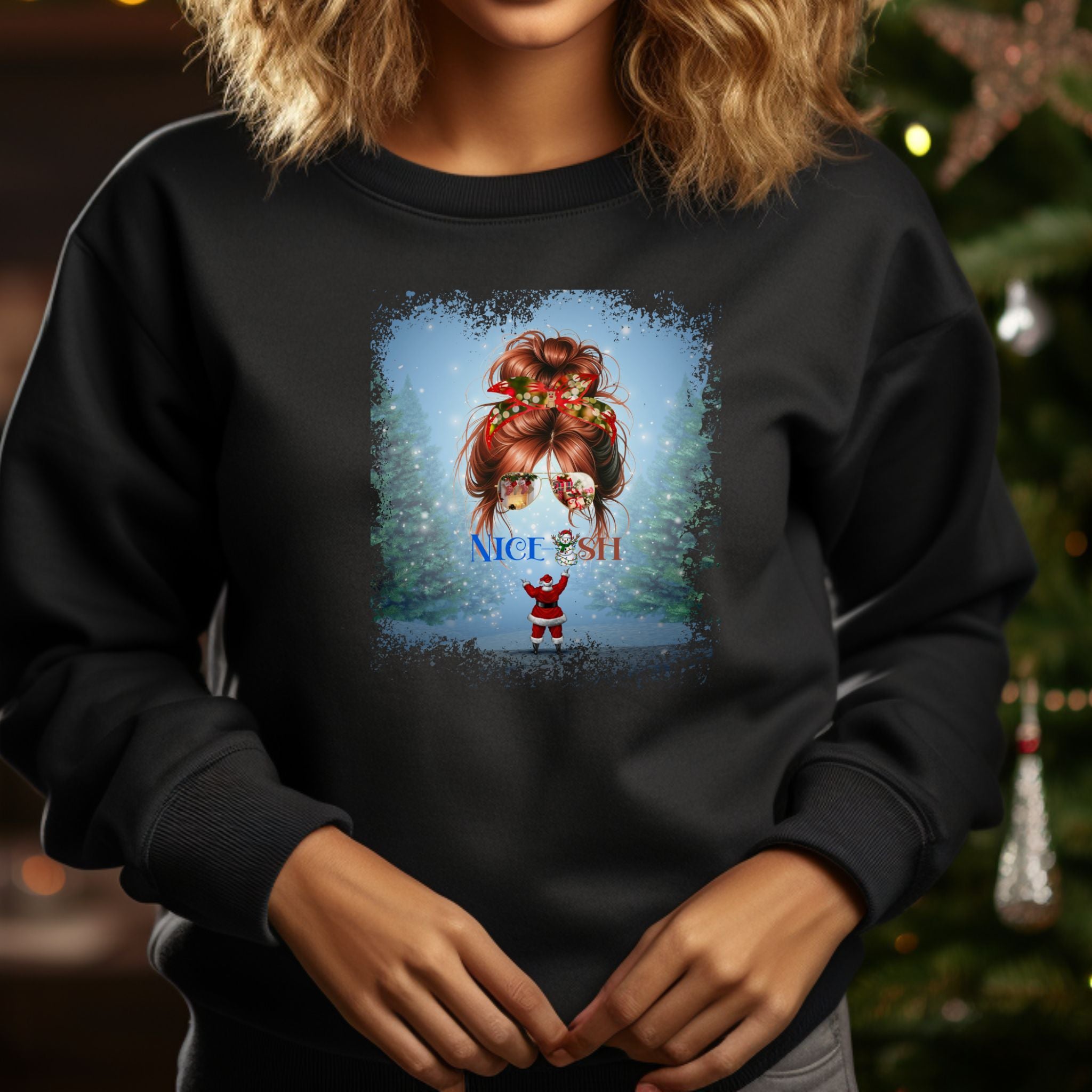 Nice-ish Santa, Red Hair Messy Bun, Unisex Heavy Blend™ Crewneck Sweatshirt