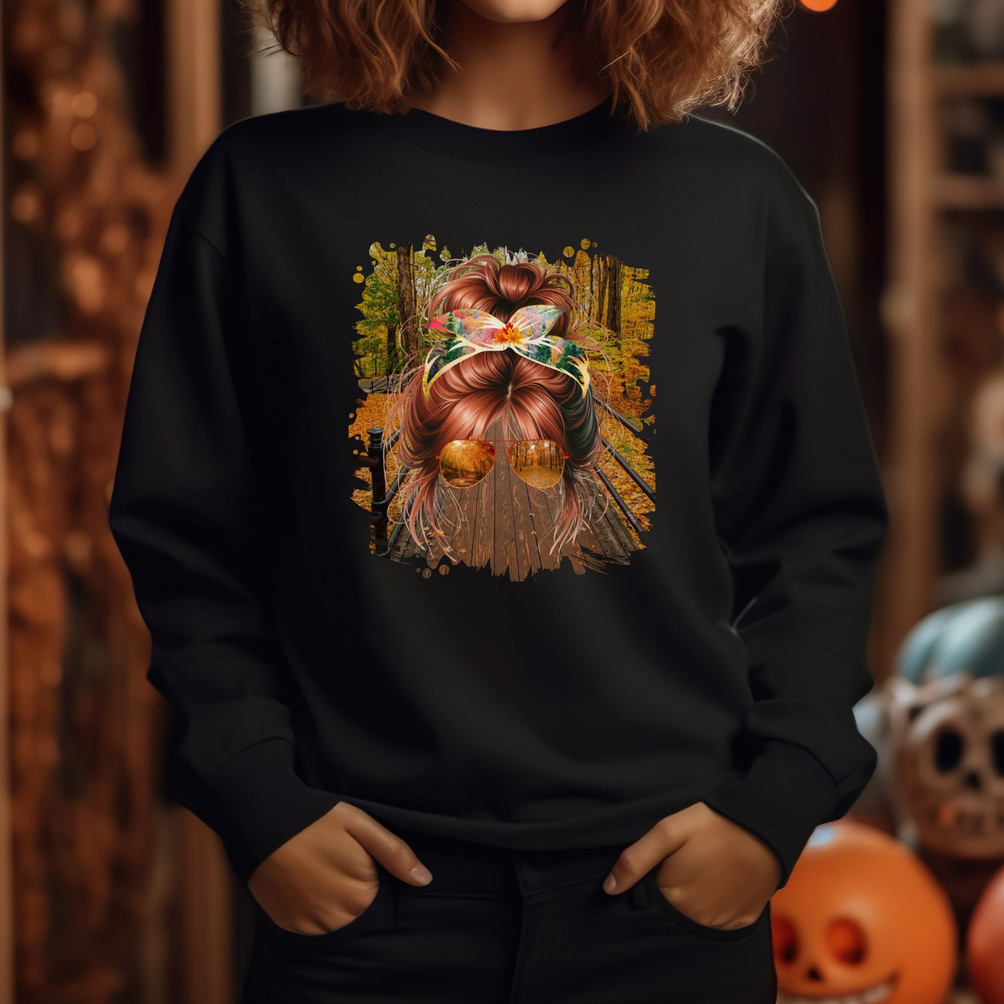 Fall Hike, Red Hair Messy Bun, Unisex Heavy Blend™ Crewneck Sweatshirt