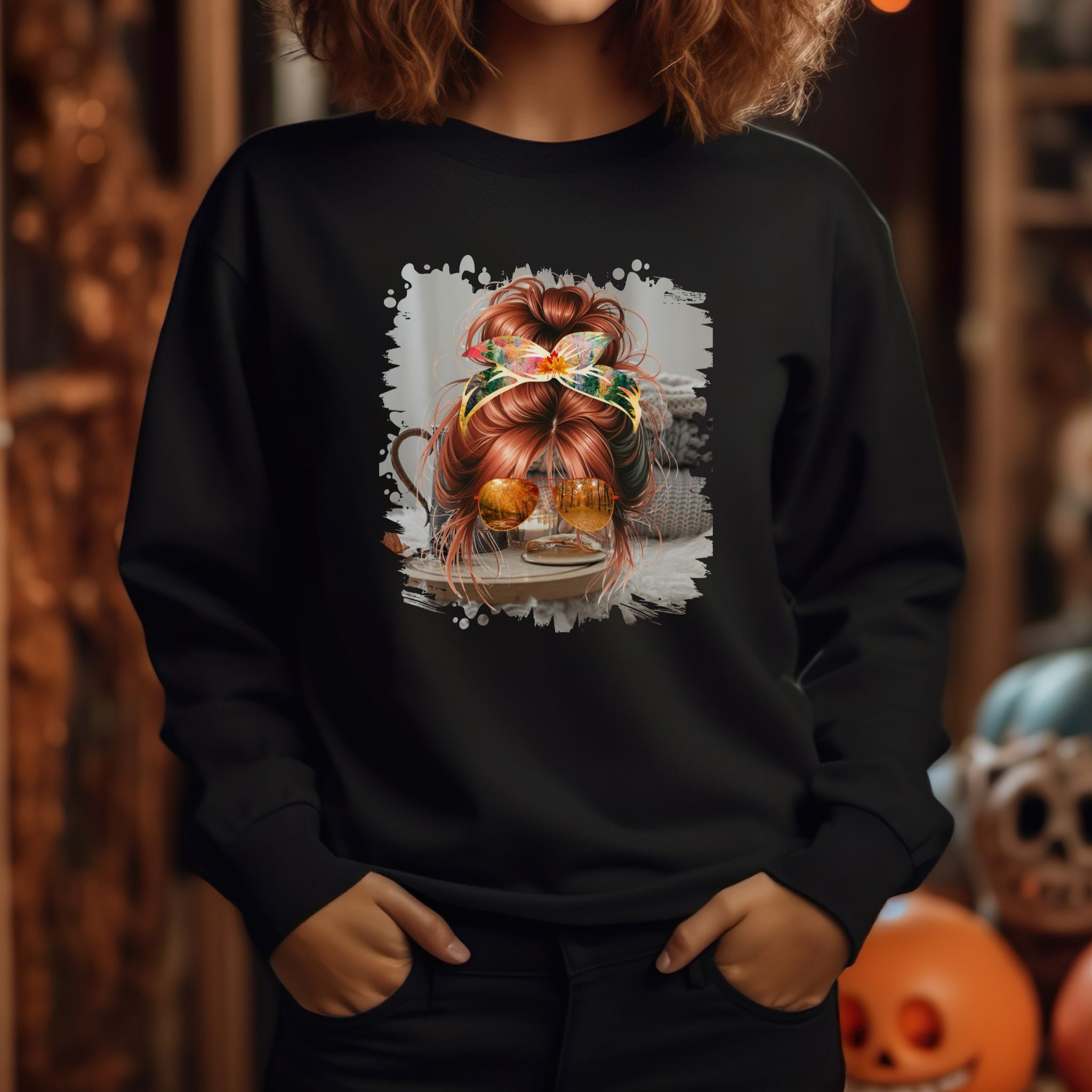 Fall Sweater, Red Hair Messy Bun, Unisex Heavy Blend™ Crewneck Sweatshirt