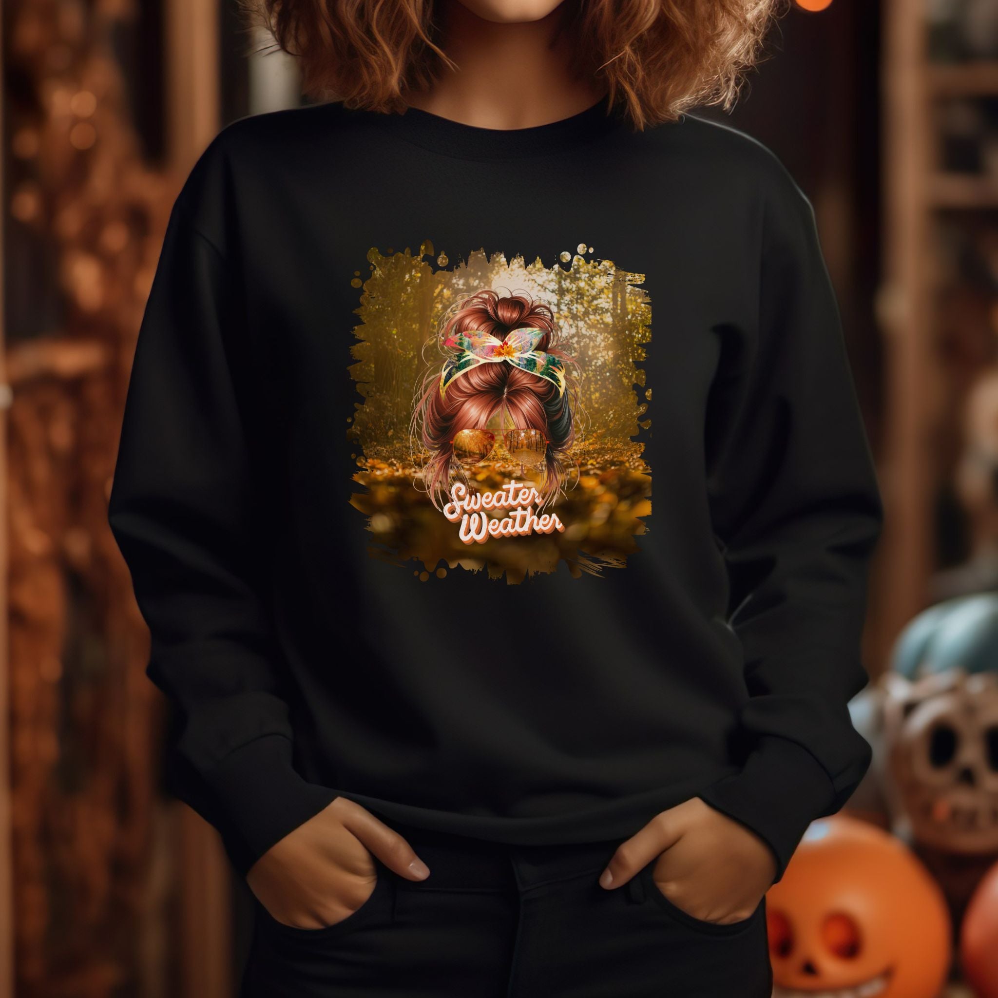 Sweater Weather Fall Forest, Red Hair Messy Bun, Unisex Heavy Blend™ Crewneck Sweatshirt