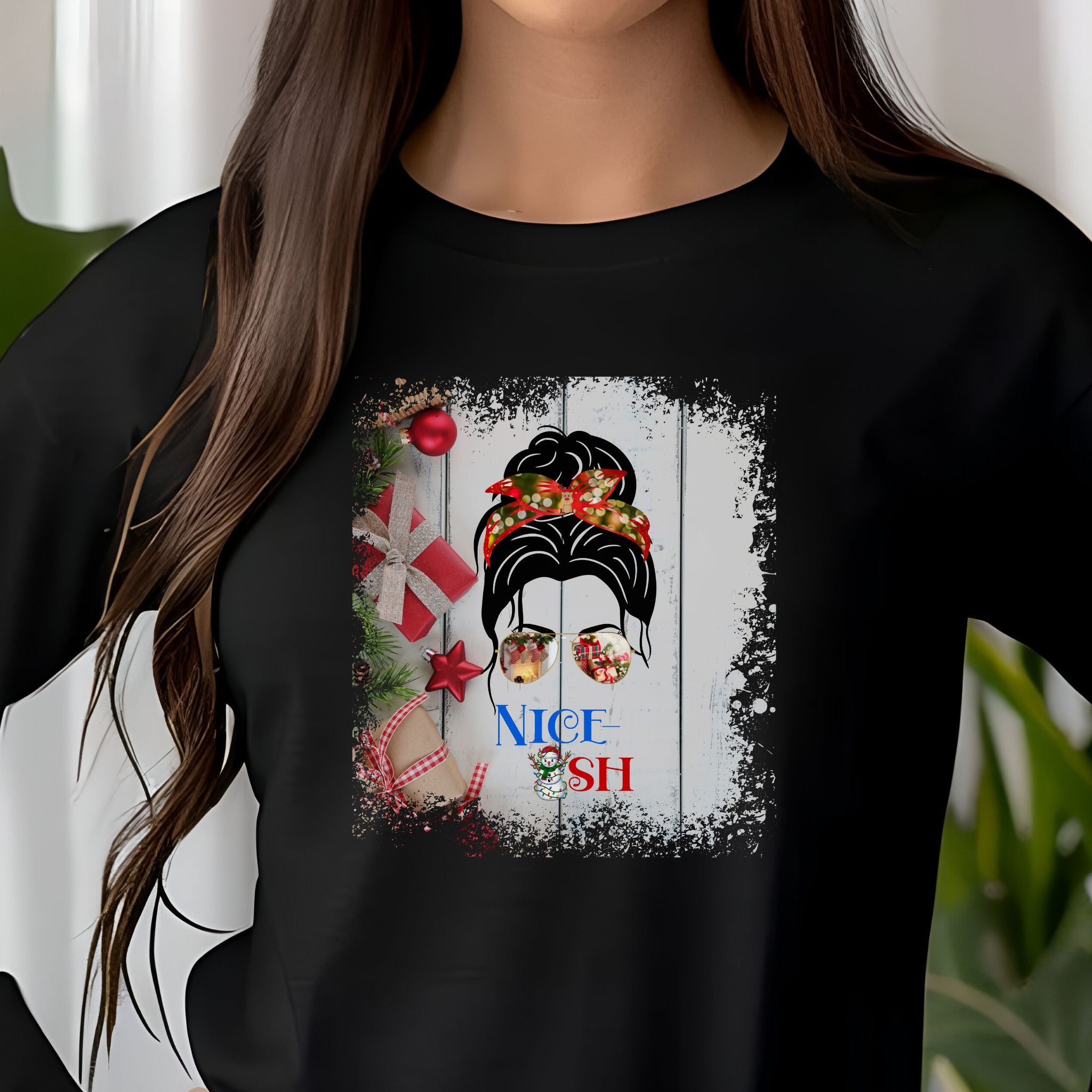 Nice-ish Christmas Presents, Dark Hair Messy Bun, Unisex Jersey Long Sleeve Tee