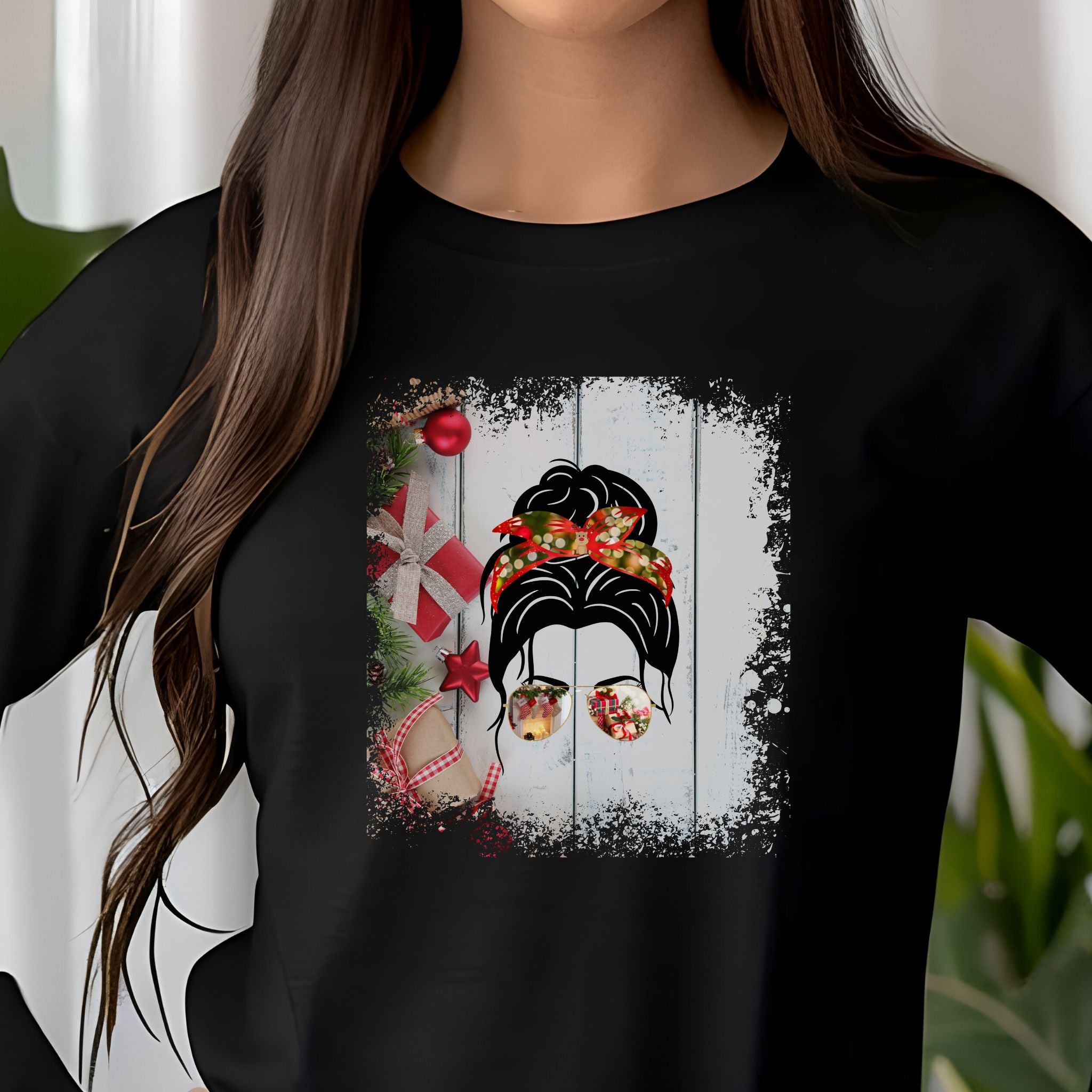 Christmas Presents, Dark Hair Messy Bun, Unisex Jersey Long Sleeve Tee