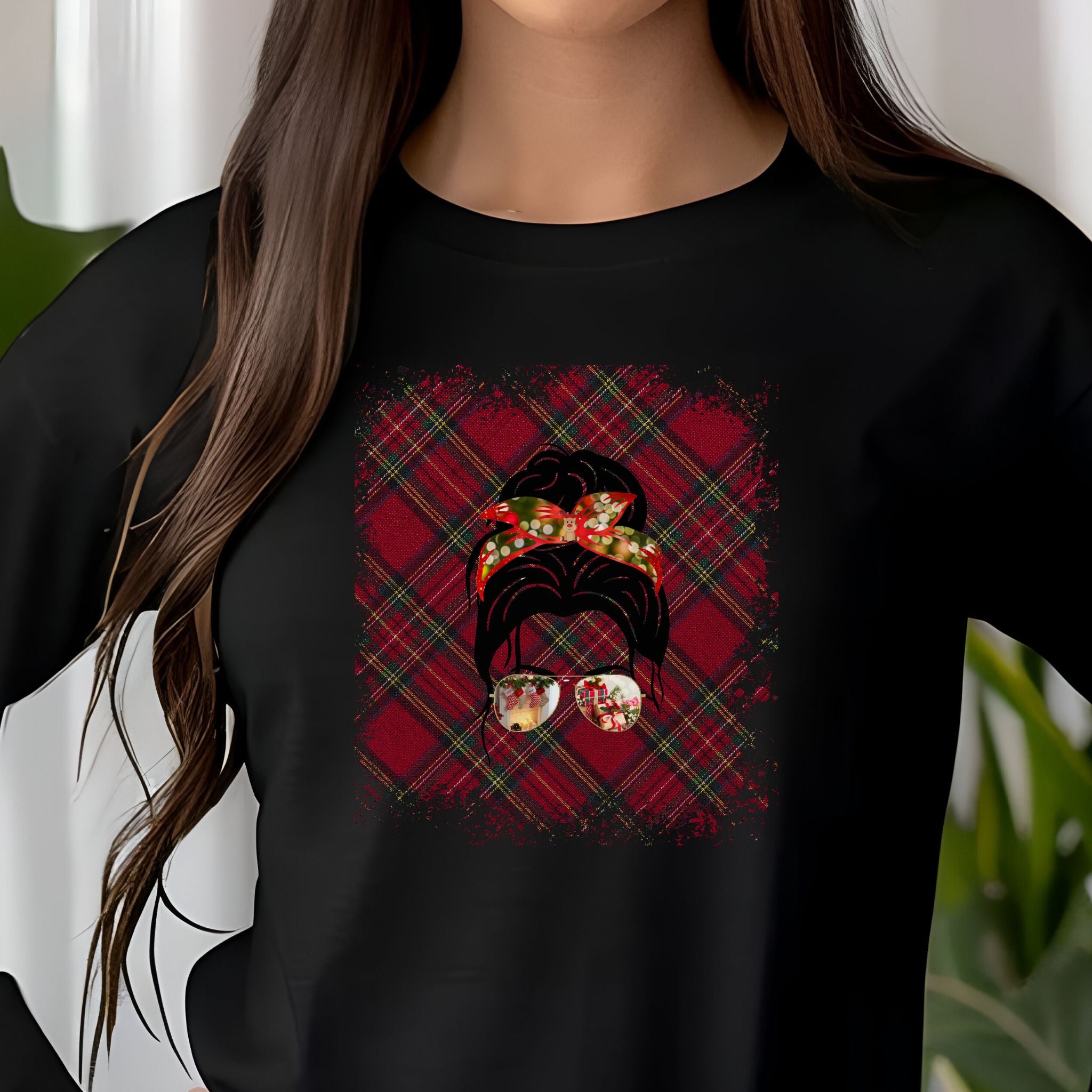 Christmas Plaid, Dark Hair Messy Bun, Unisex Jersey Long Sleeve Tee