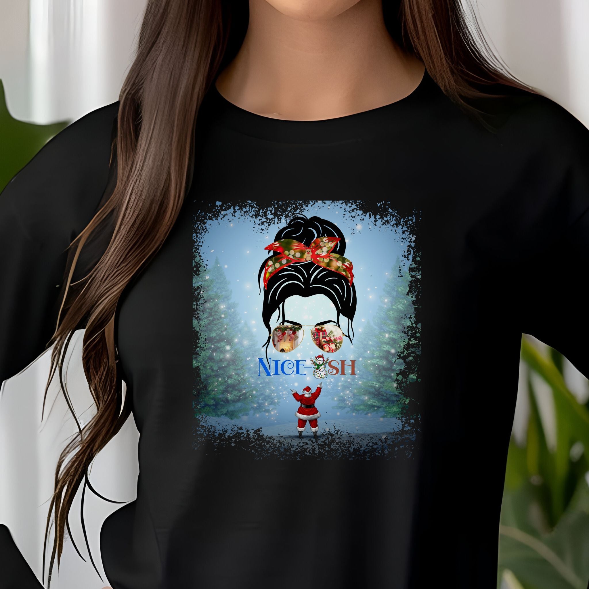 Nice-ish Santa, Dark Hair Messy Bun, Unisex Jersey Long Sleeve Tee