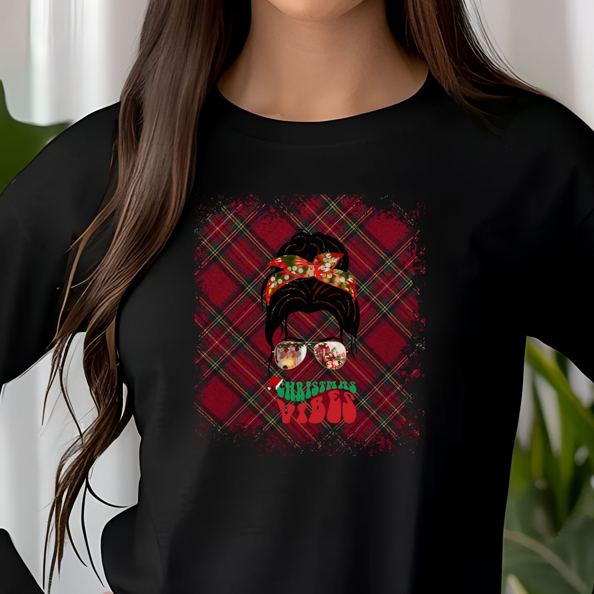 Christmas Vibes Christmas Plaid, Dark Hair Messy Bun, Unisex Jersey Long Sleeve Tee