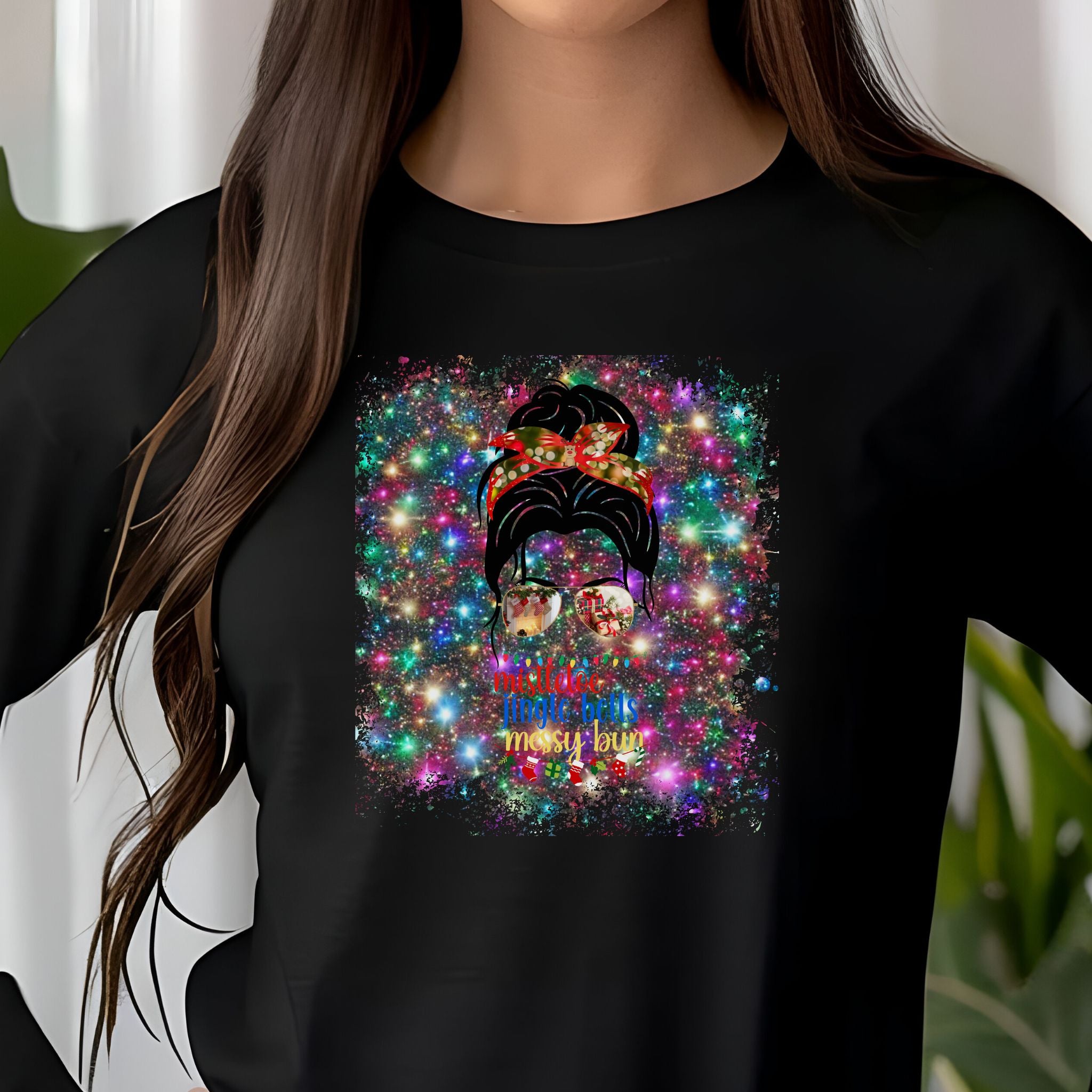 Messy Bun Christmas Lights, Dark Hair Messy Bun, Unisex Jersey Long Sleeve Tee