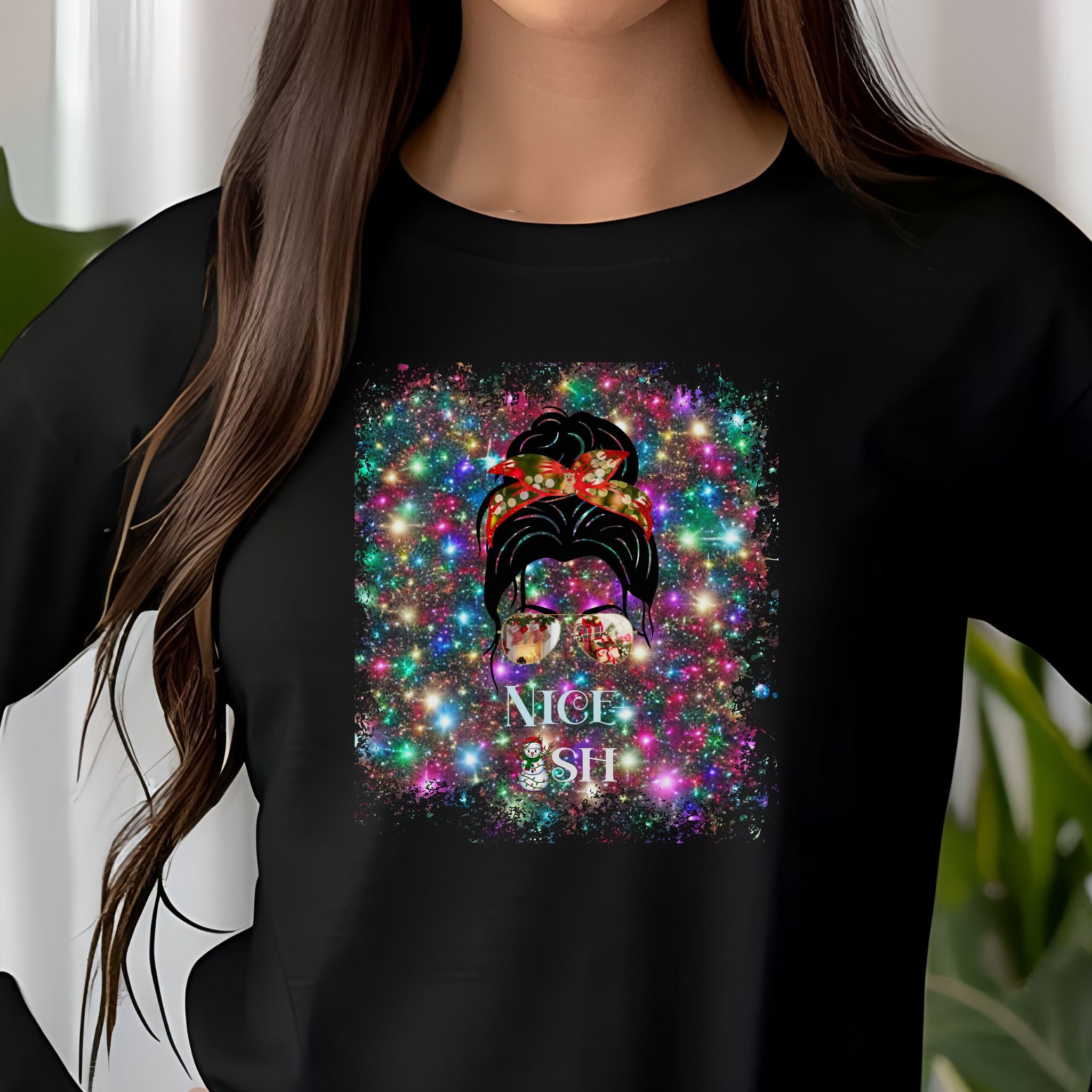 Nice-ish Christmas Lights, Dark Hair Messy Bun, Unisex Jersey Long Sleeve Tee