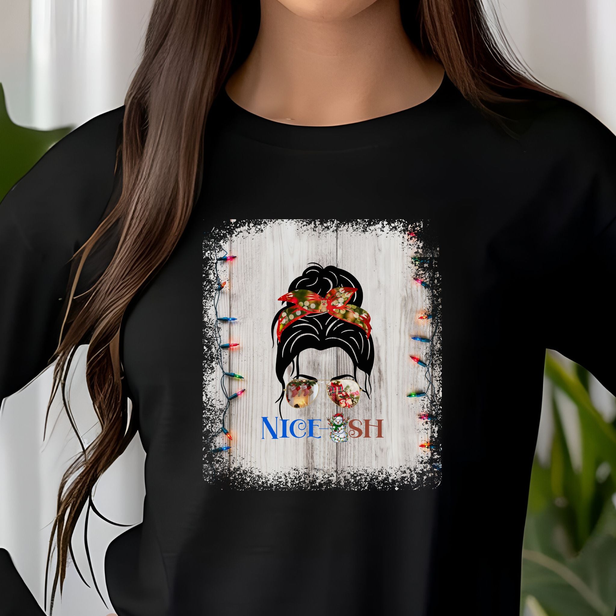 Nice-ish Christmas Lights String, Dark Hair Messy Bun, Unisex Jersey Long Sleeve Tee