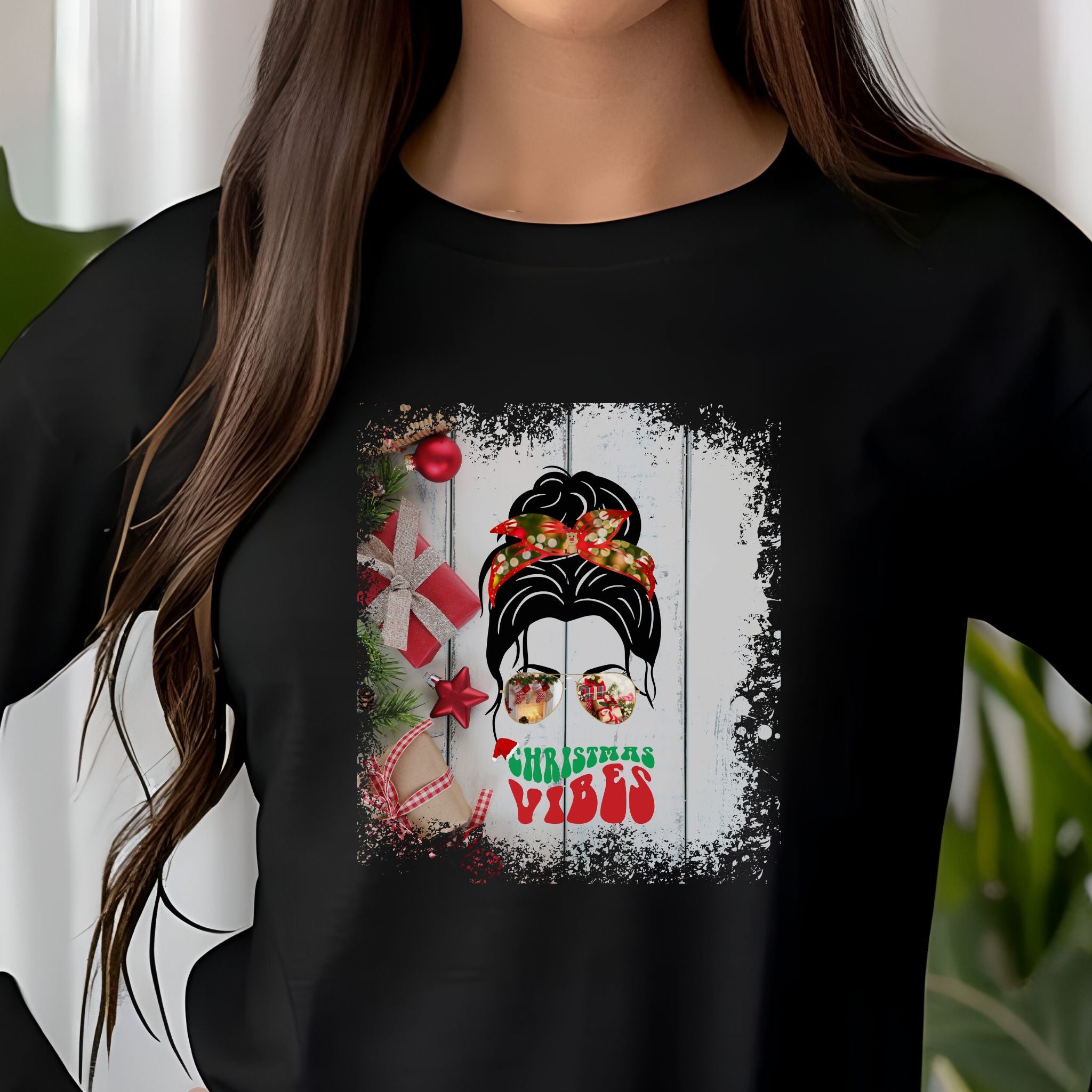 Christmas Vibes Christmas Presents, Dark Hair Messy Bun, Unisex Jersey Long Sleeve Tee