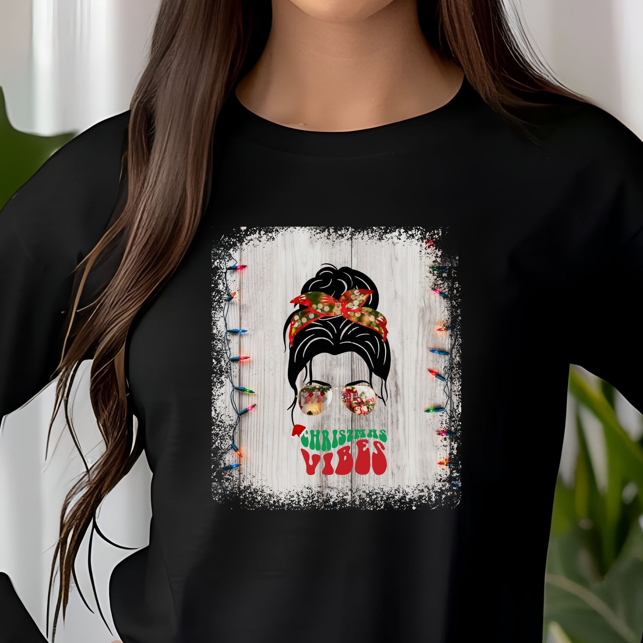 Christmas Vibes Christmas Lights String, Dark Hair Messy Bun, Unisex Jersey Long Sleeve Tee