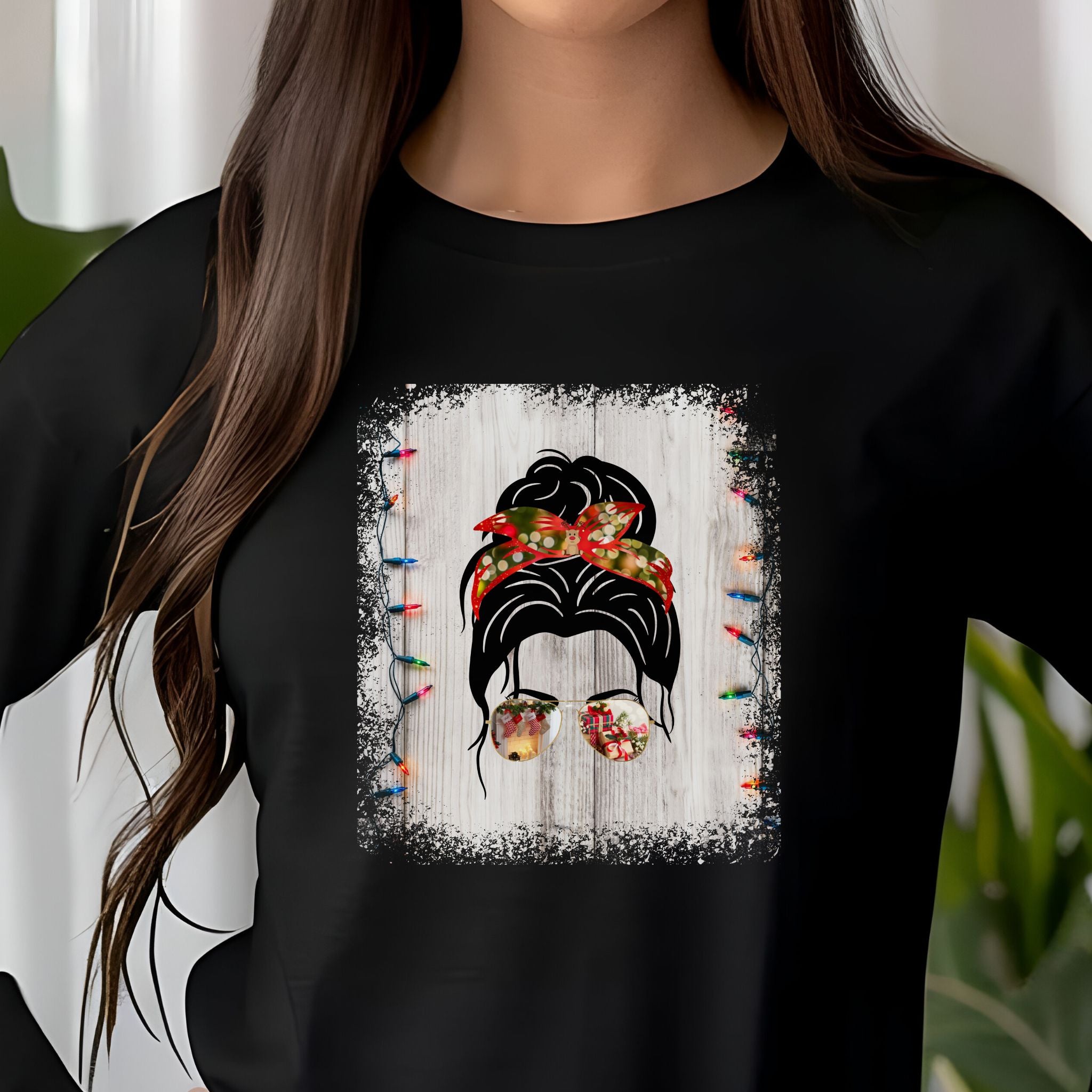 Christmas Lights String, Dark Hair Messy Bun, Unisex Jersey Long Sleeve Tee