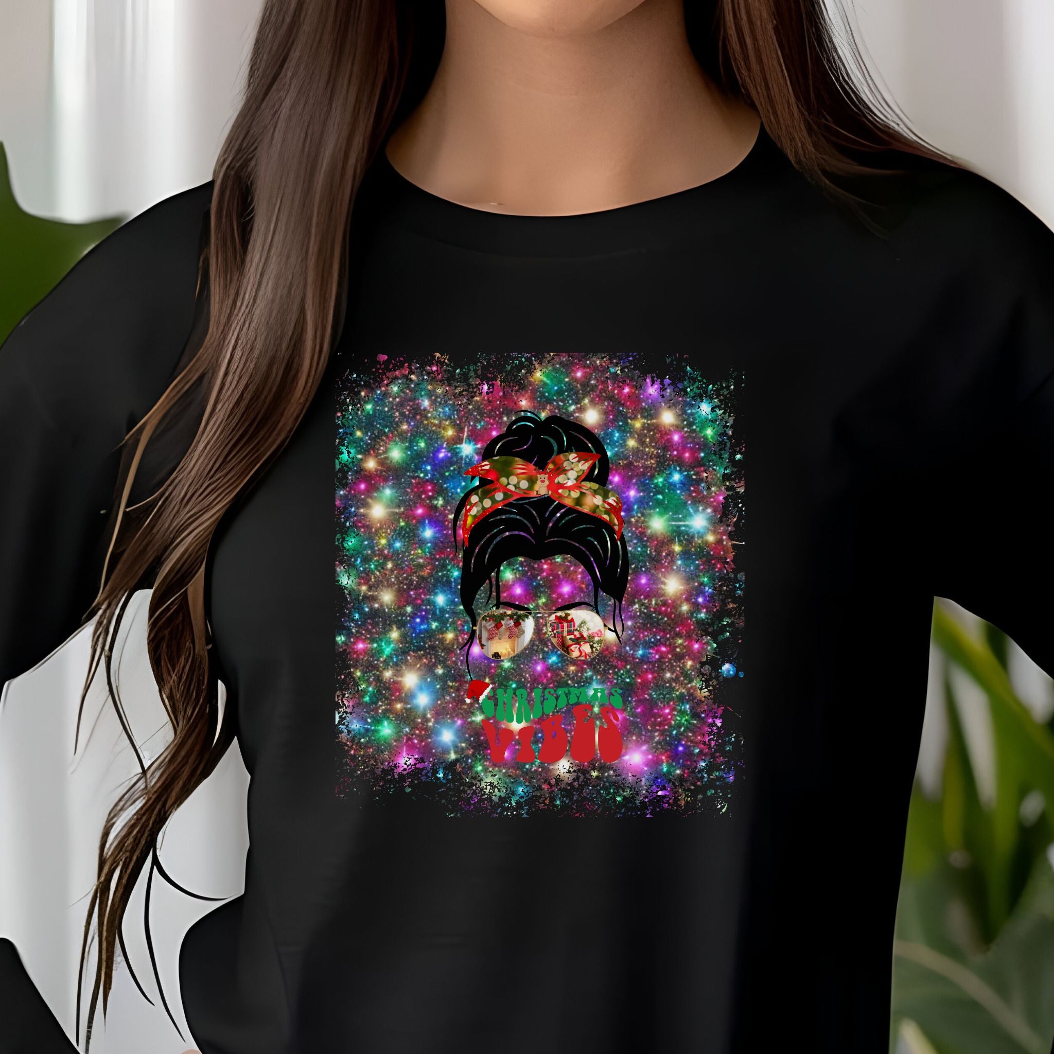 Christmas Vibes Christmas Lights, Dark Hair Messy Bun, Unisex Jersey Long Sleeve Tee