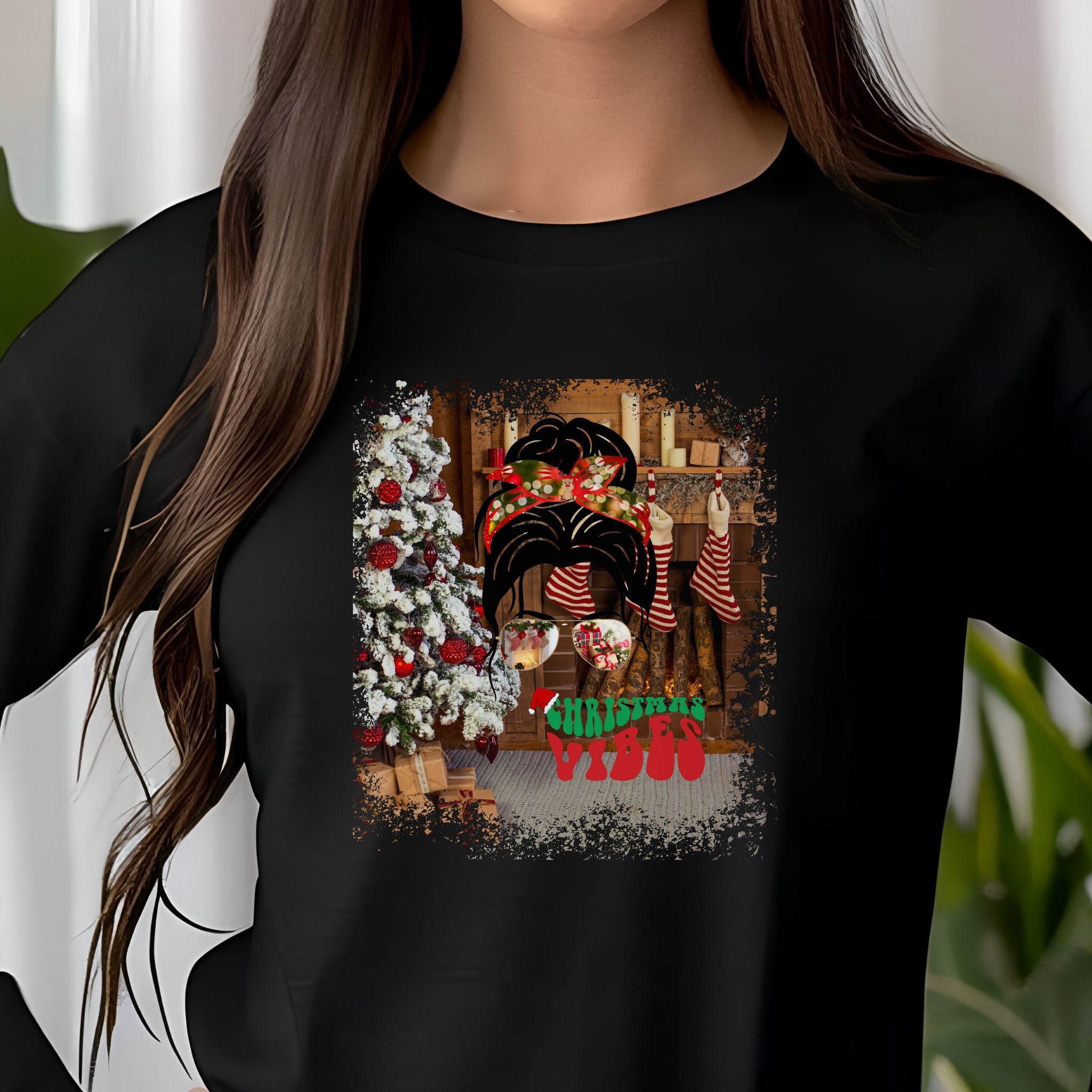 Christmas Vibes Christmas Home, Dark Hair Messy Bun, Unisex Jersey Long Sleeve Tee