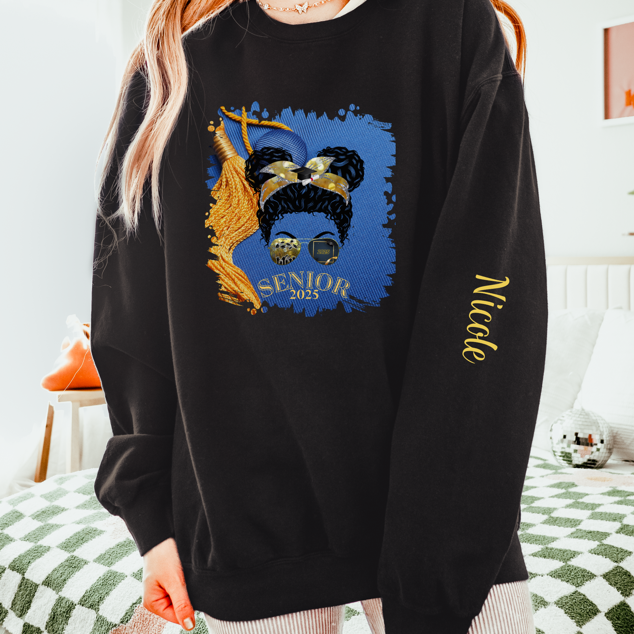 Senior 2025, Graduation Cap, Black Hair Messy Bun, Unisex Lightweight Crewneck Sweatshirt