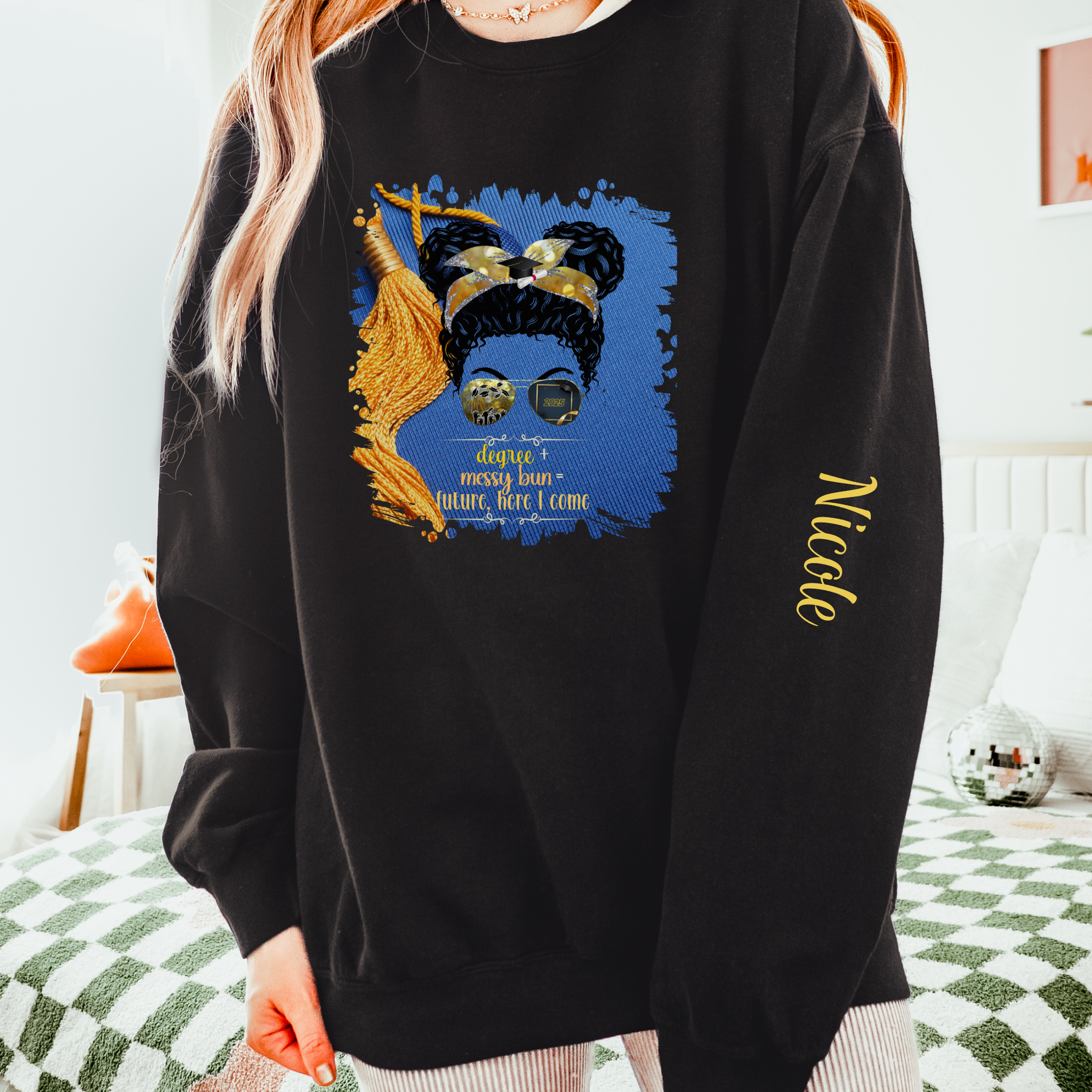 Degree + Messy Bun, Graduation Cap, Black Hair Messy Bun, Unisex Lightweight Crewneck Sweatshirt