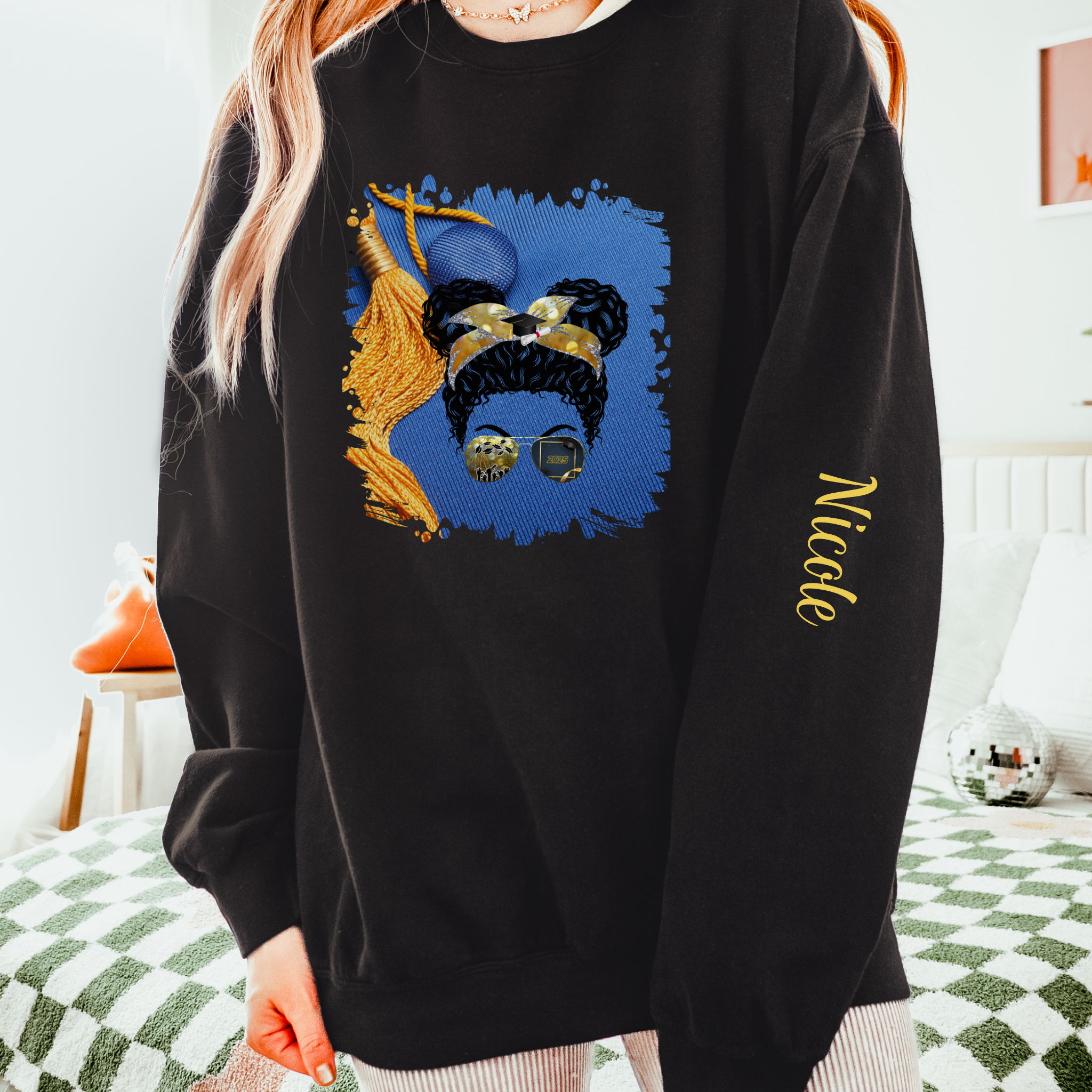 Graduation Cap, Black Hair Messy Bun, Unisex Lightweight Crewneck Sweatshirt