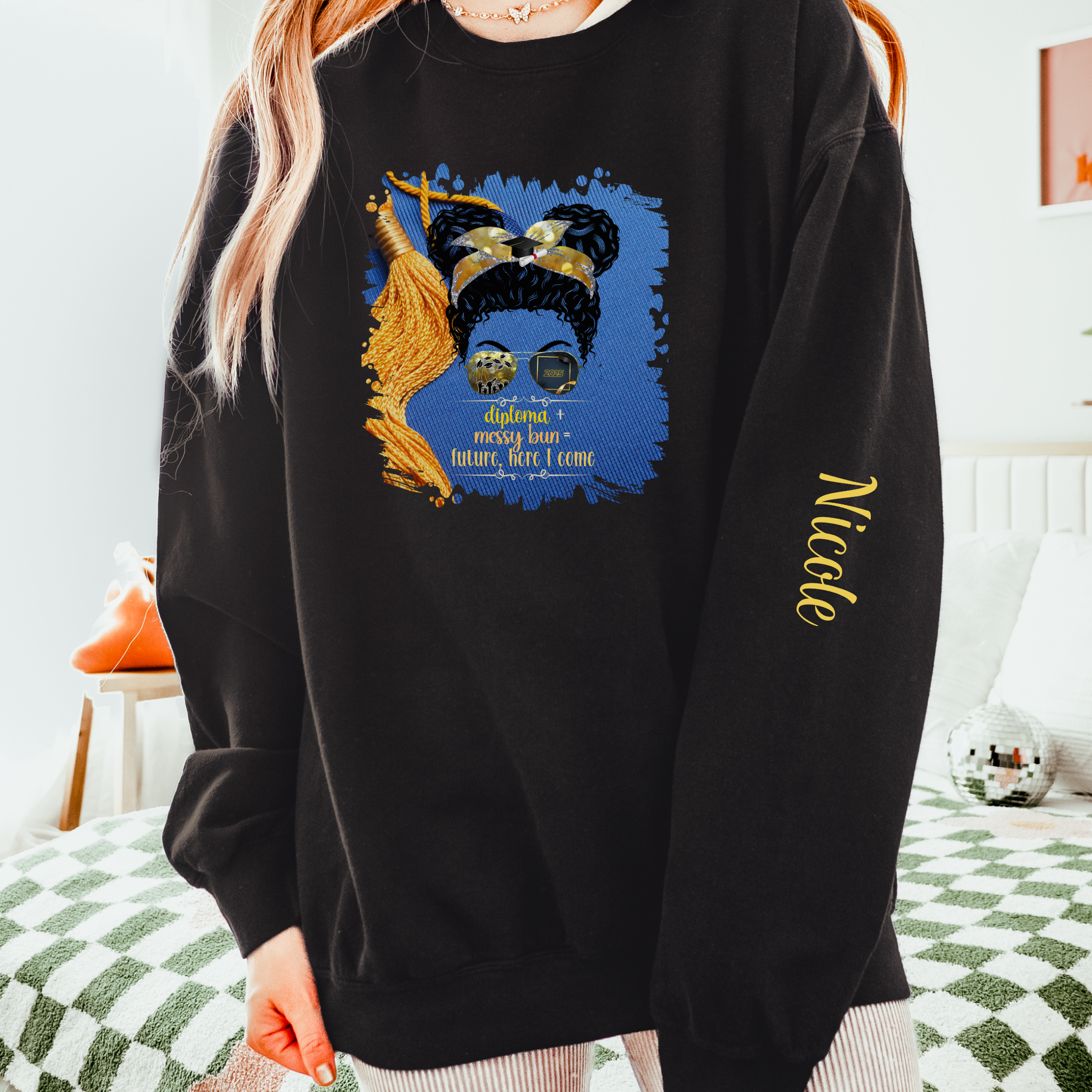 Diploma + Messy Bun, Graduation Cap, Black Hair Messy Bun, Unisex Lightweight Crewneck Sweatshirt