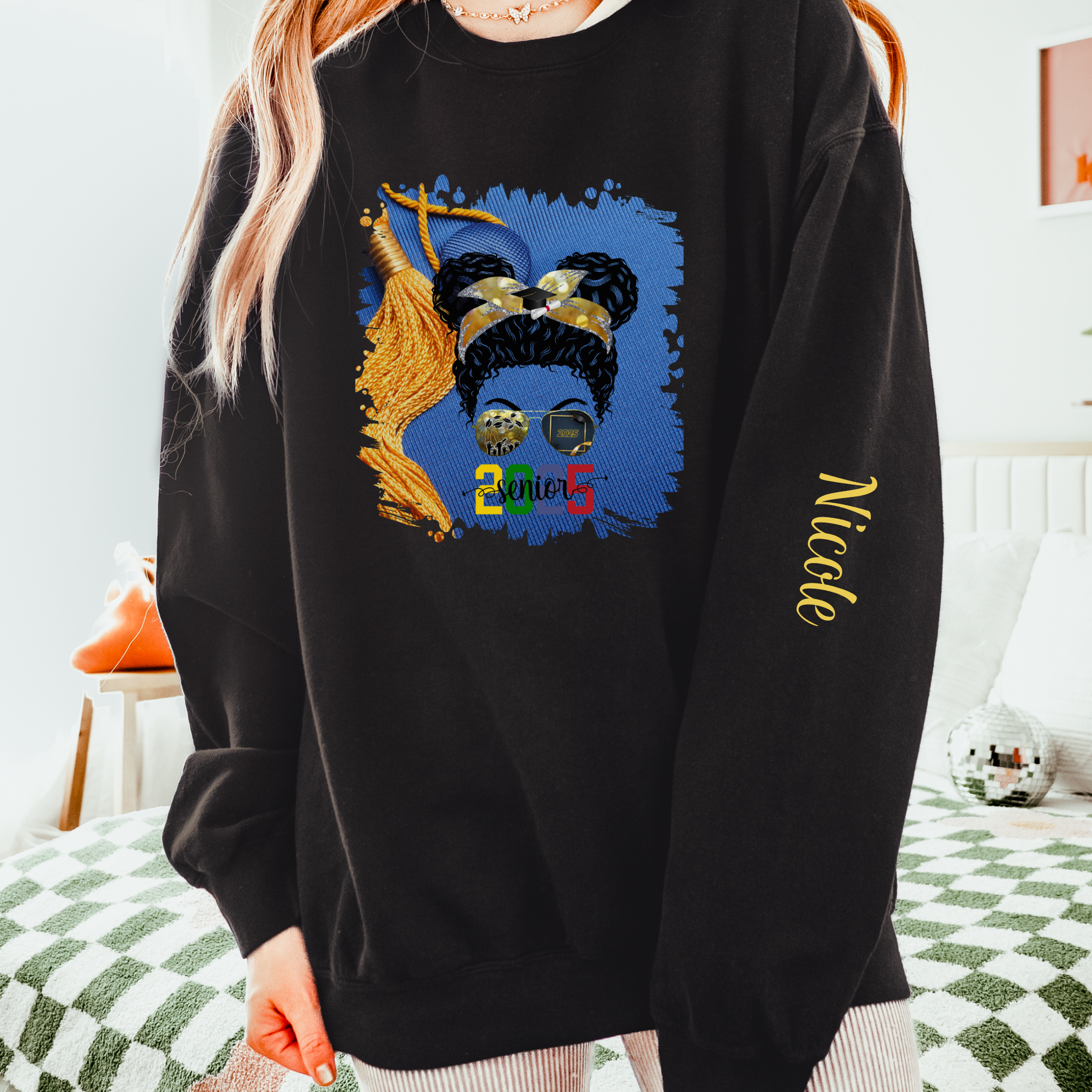 Senior 2025 Colorful, Graduation Cap, Black Hair Messy Bun, Unisex Lightweight Crewneck Sweatshirt