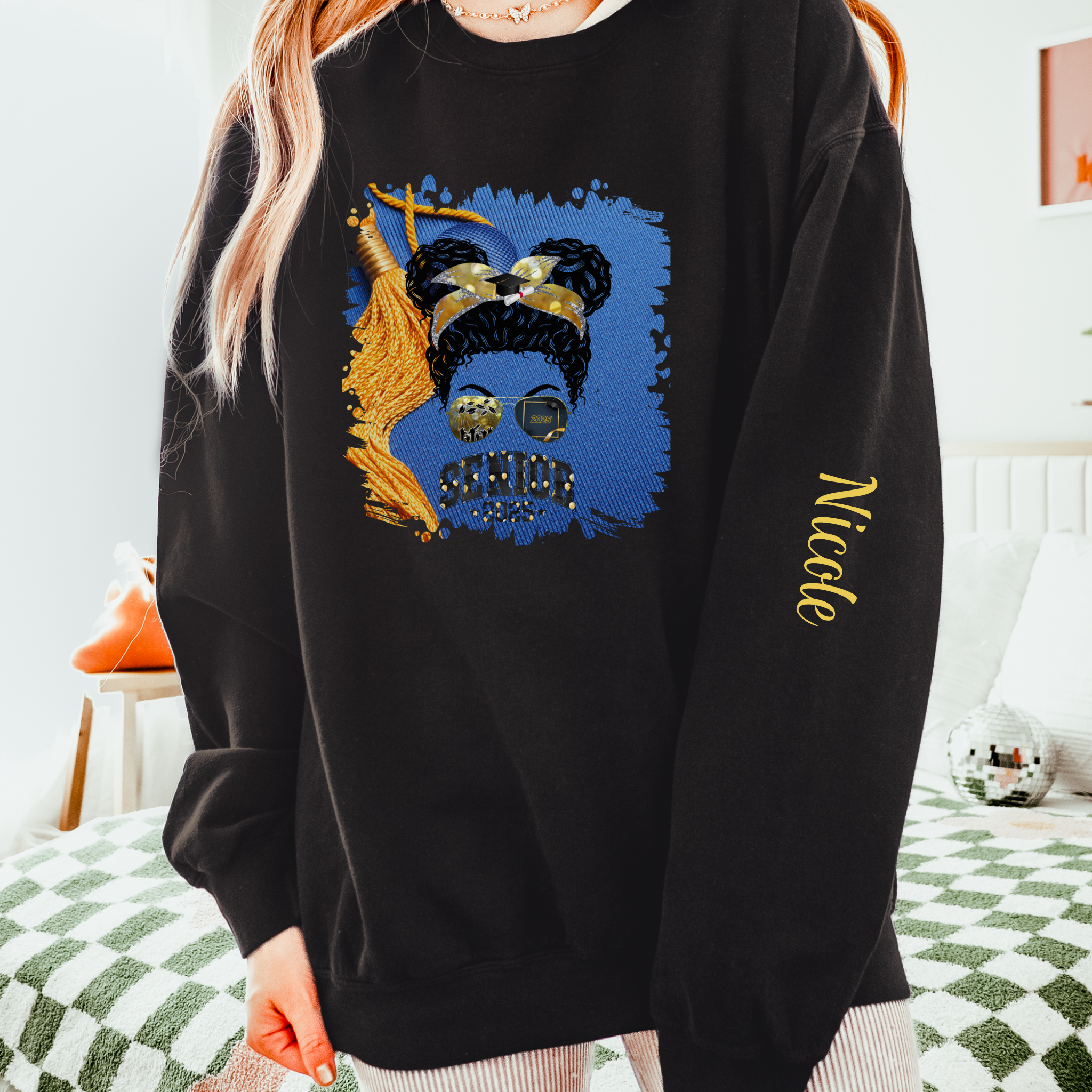 Senior 2025 Balloons, Graduation Cap, Black Hair Messy Bun, Unisex Lightweight Crewneck Sweatshirt
