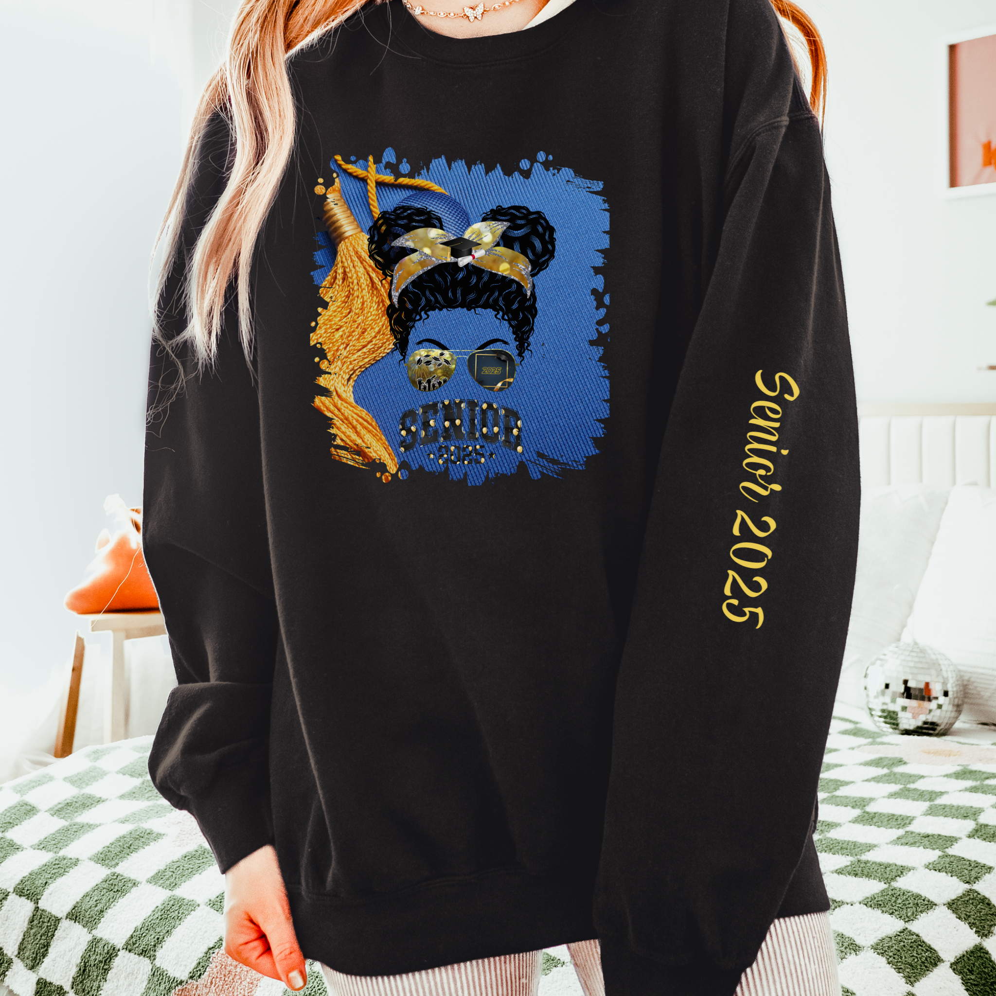 Senior 2025 Balloons, Graduation Cap, Black Hair Messy Bun, Unisex Lightweight Crewneck Sweatshirt