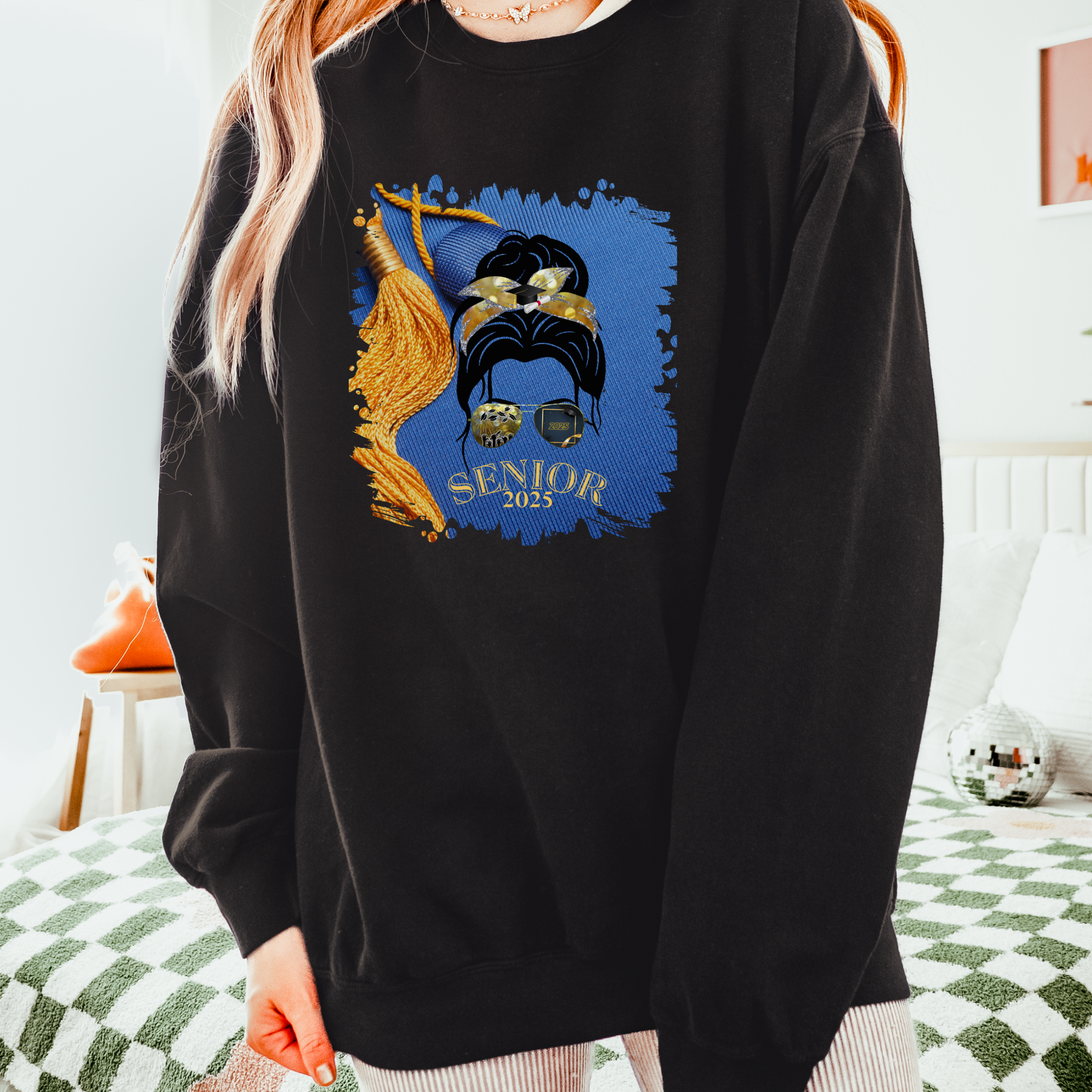 Senior 2025, Graduation Cap, Dark Hair Messy Bun, Unisex Lightweight Crewneck Sweatshirt